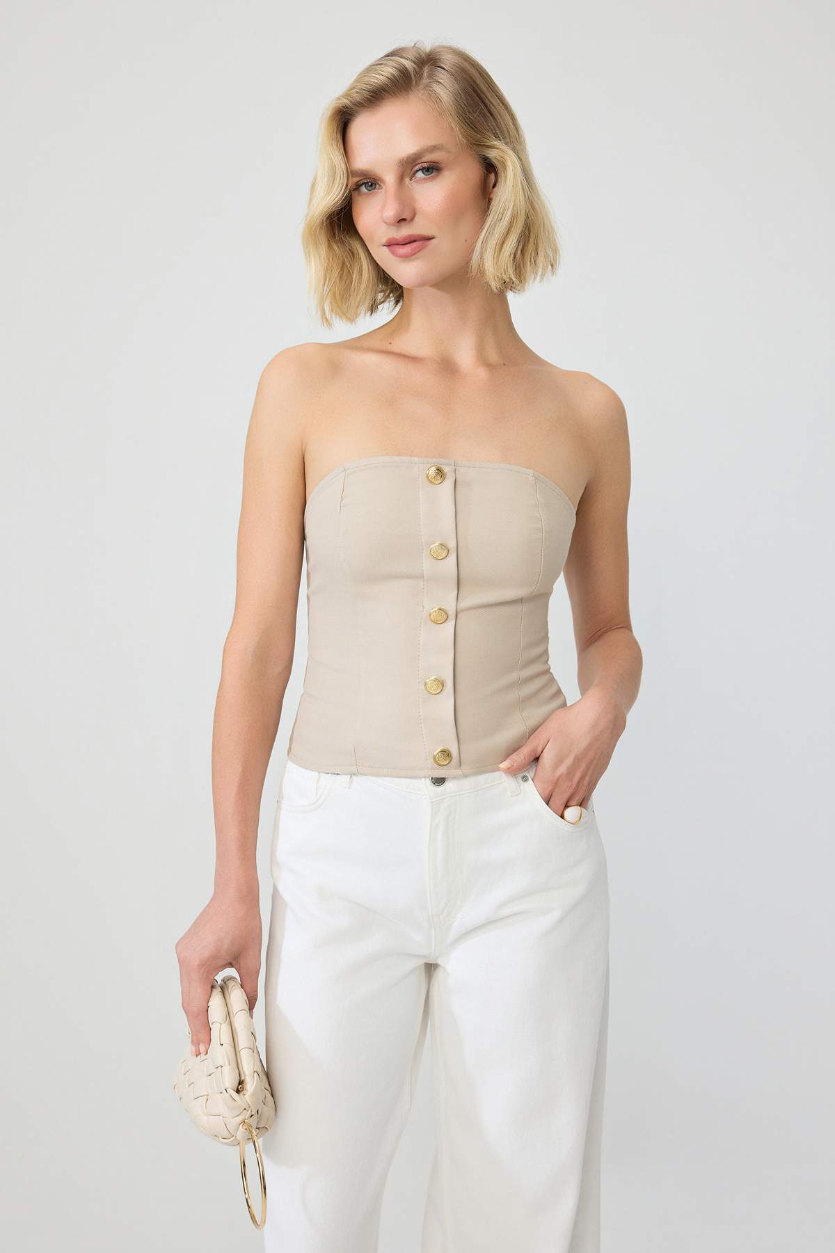 Trendyolmilla Bej Yumuşak Hissiyatlı Straplez Crop Bluz TWOSS25BZ00102