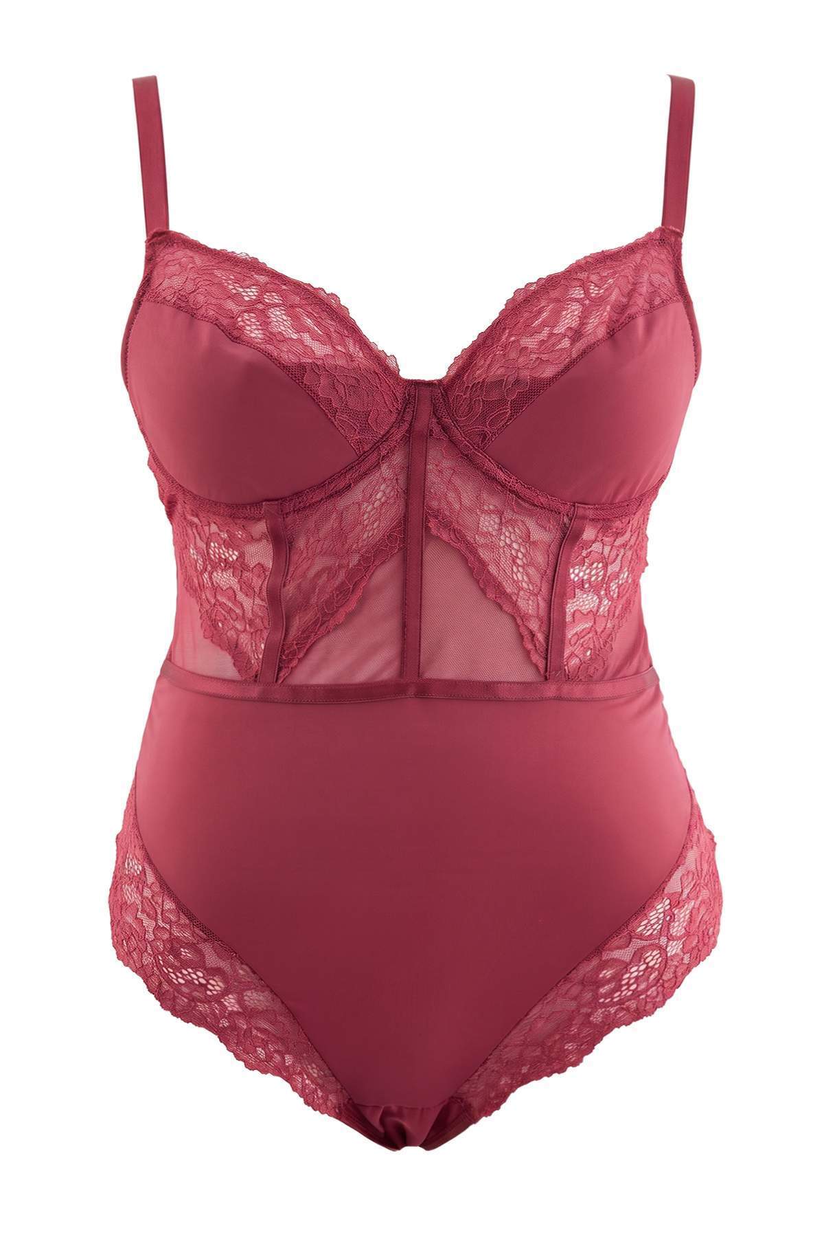 Trendyolmilla Curve Mor Dantel Detaylı Seksi Büyük Beden Body TBBAW27CS00003