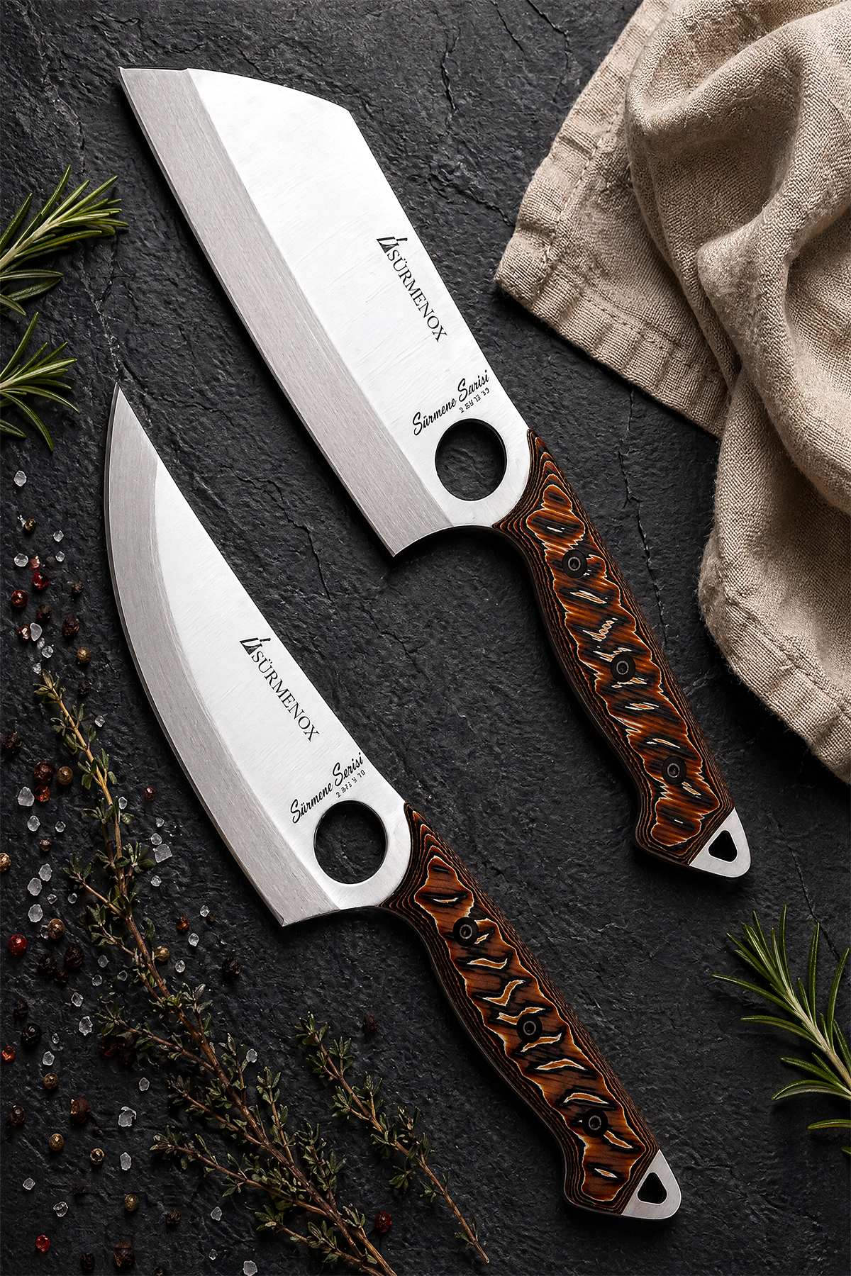 Sürmene Series 2-Piece Kitchen Chef Knife Set Coffee Verzalit Handle Vegetable Camping Outdoor Chef Knife with Leather Case (Mft-036)