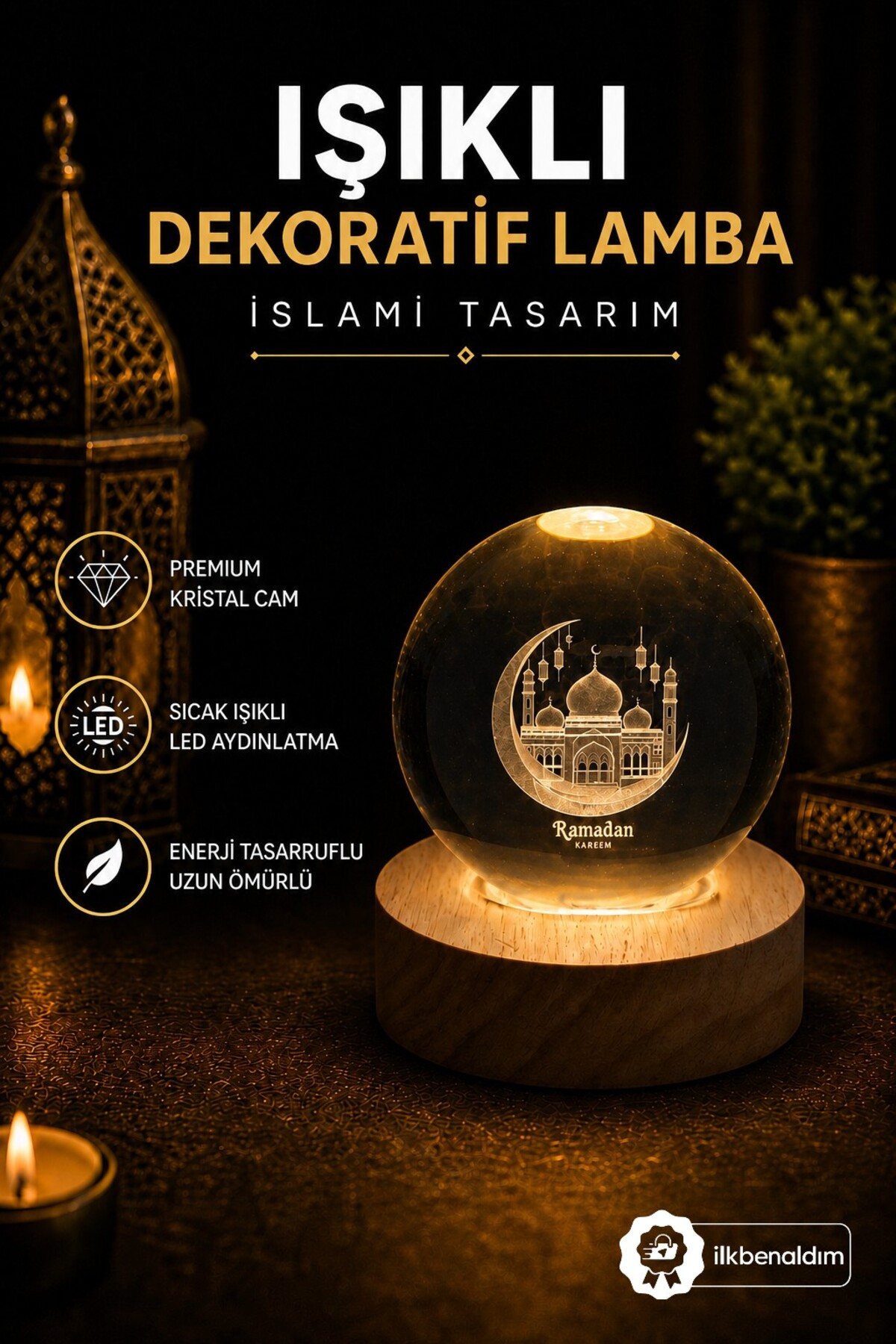 Illuminated Decorative Crystal Glass Sphere Lamp Medina Islamic Design led Night Light with Wooden Stand