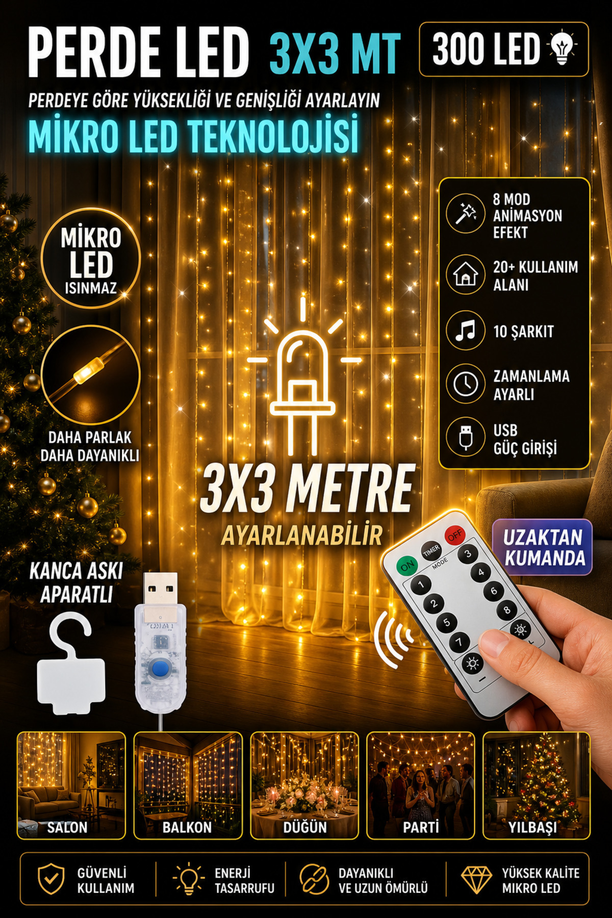 nextbuy Perde Led Işıkları Süsleme Usb Uzaktan Kumanda 8 Mod Işık ...