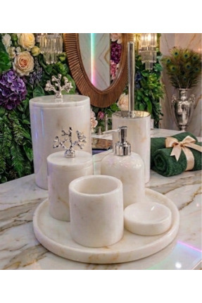 STONİST HOME DEKORASYON 7 Lİ BEYAZ MERMER BANYO SETİ