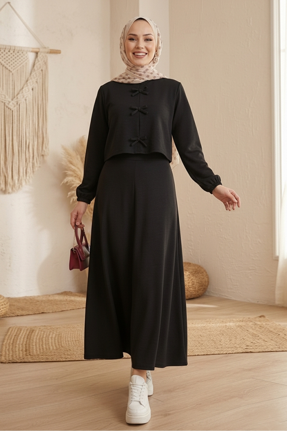 Bestenur Bowknot Blouse Skirt Double Set 1298 - Black