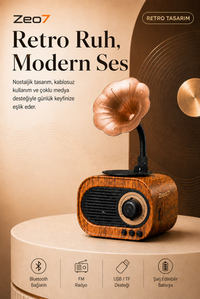 Zeo7 Gramofon Tasarımlı Kompakt ve Şık Nostalji Radyo Bluetooth Mini Hoparlör...
