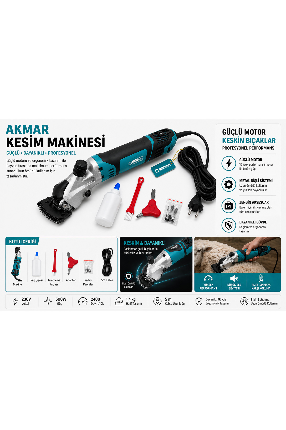 Akmar 500W Metal Şanzuman Profesyonel Koyun Kırpma - Kırkma