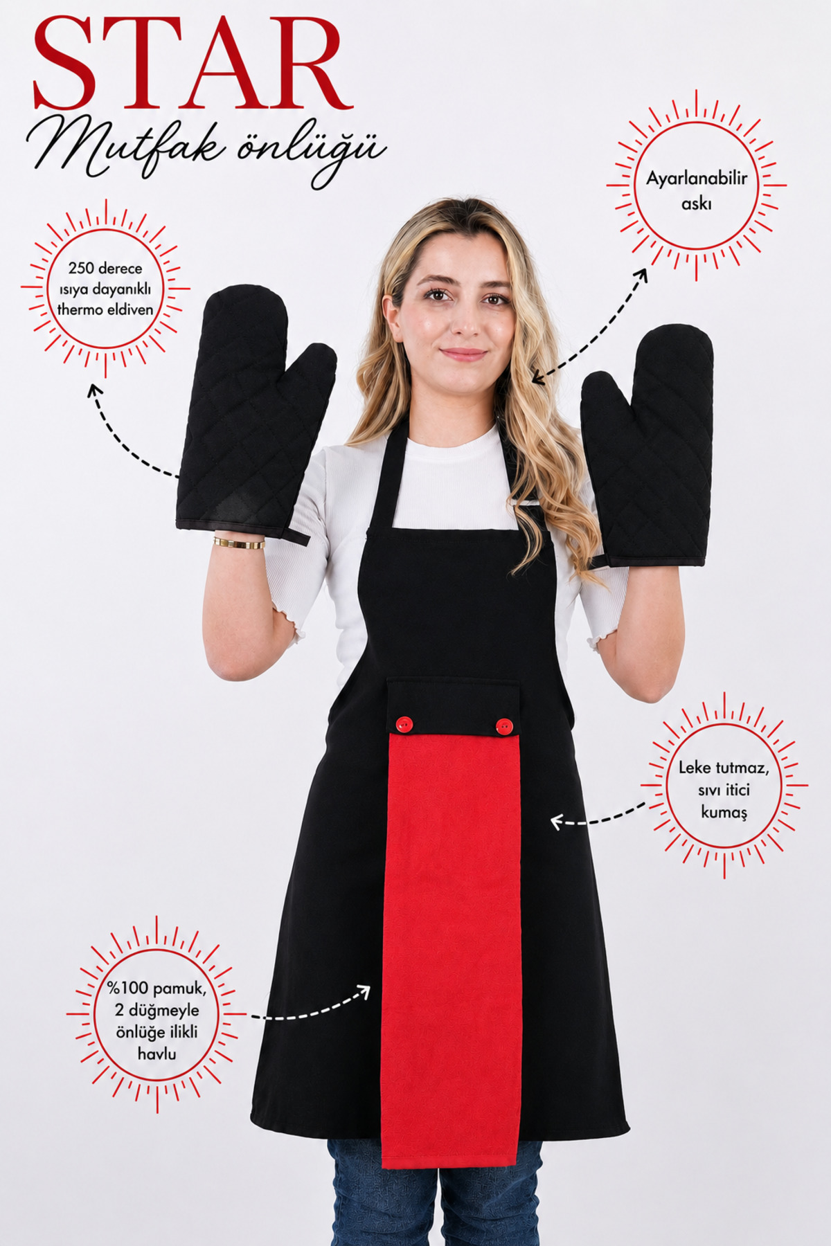 Star Two Gloves Set 4-Piece Kitchen Apron Set with Adjustment Strap (2 GLOVES)