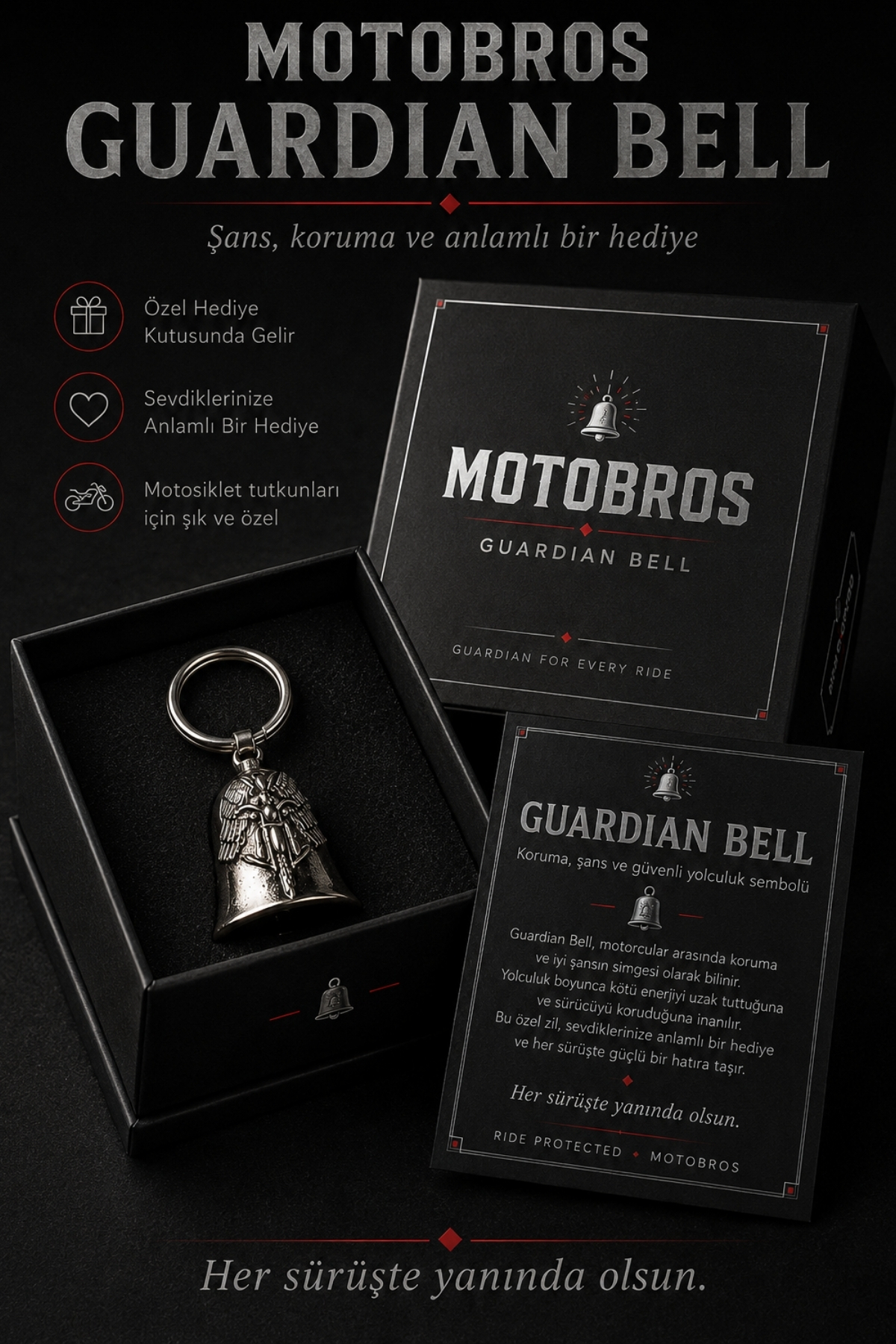 Motobros Motosiklet Aksesuar Kanat Figürlü Guardian Bell Gümüş Kaplamalı Motorcu Anahtarlık-Şans ve Koruma Çanı Uğur Tılsımı