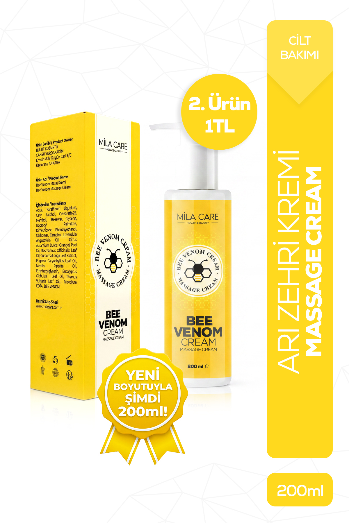 Mila Care Health&Beauty Bee Venom Arı Zehri Kremi XL Yeni Boy 200ml