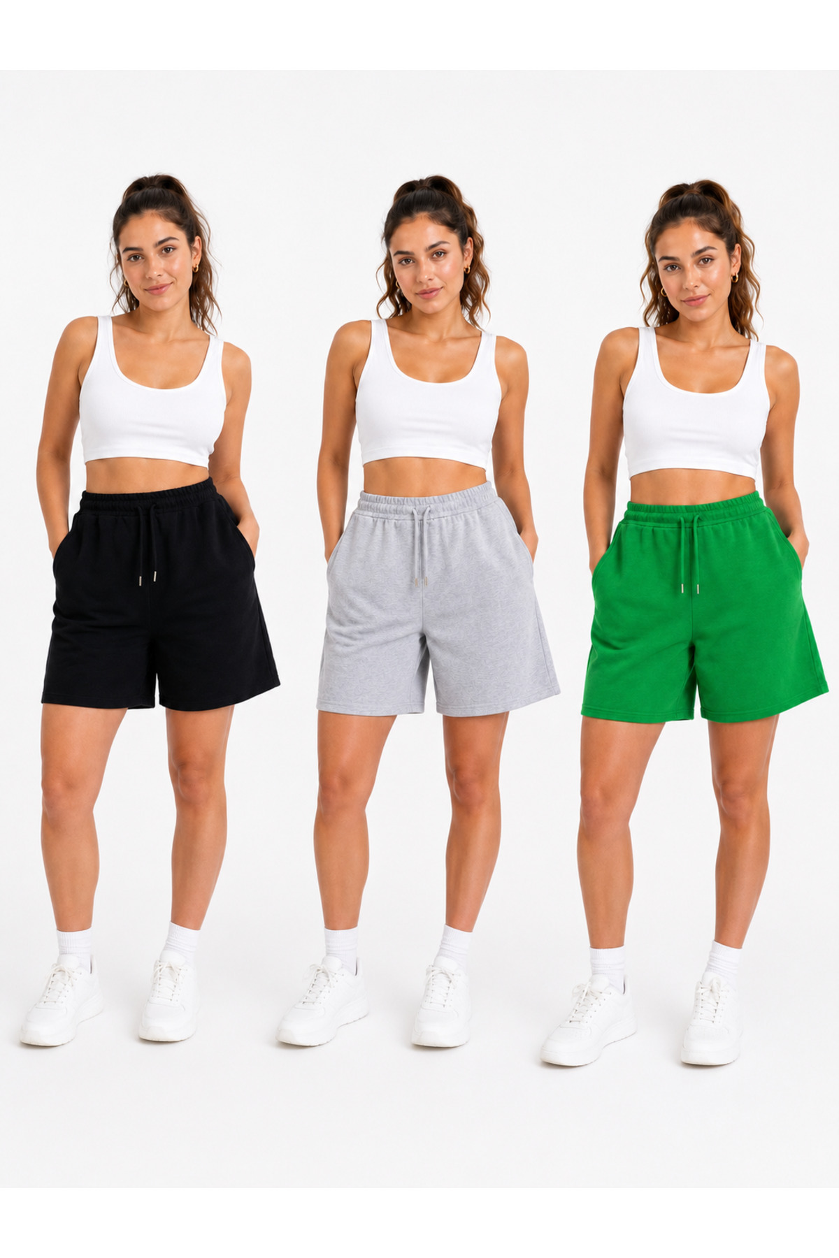 3-Piece Set Oversize Combed Cotton Shorts with Waist Tie Pockets 40 CM