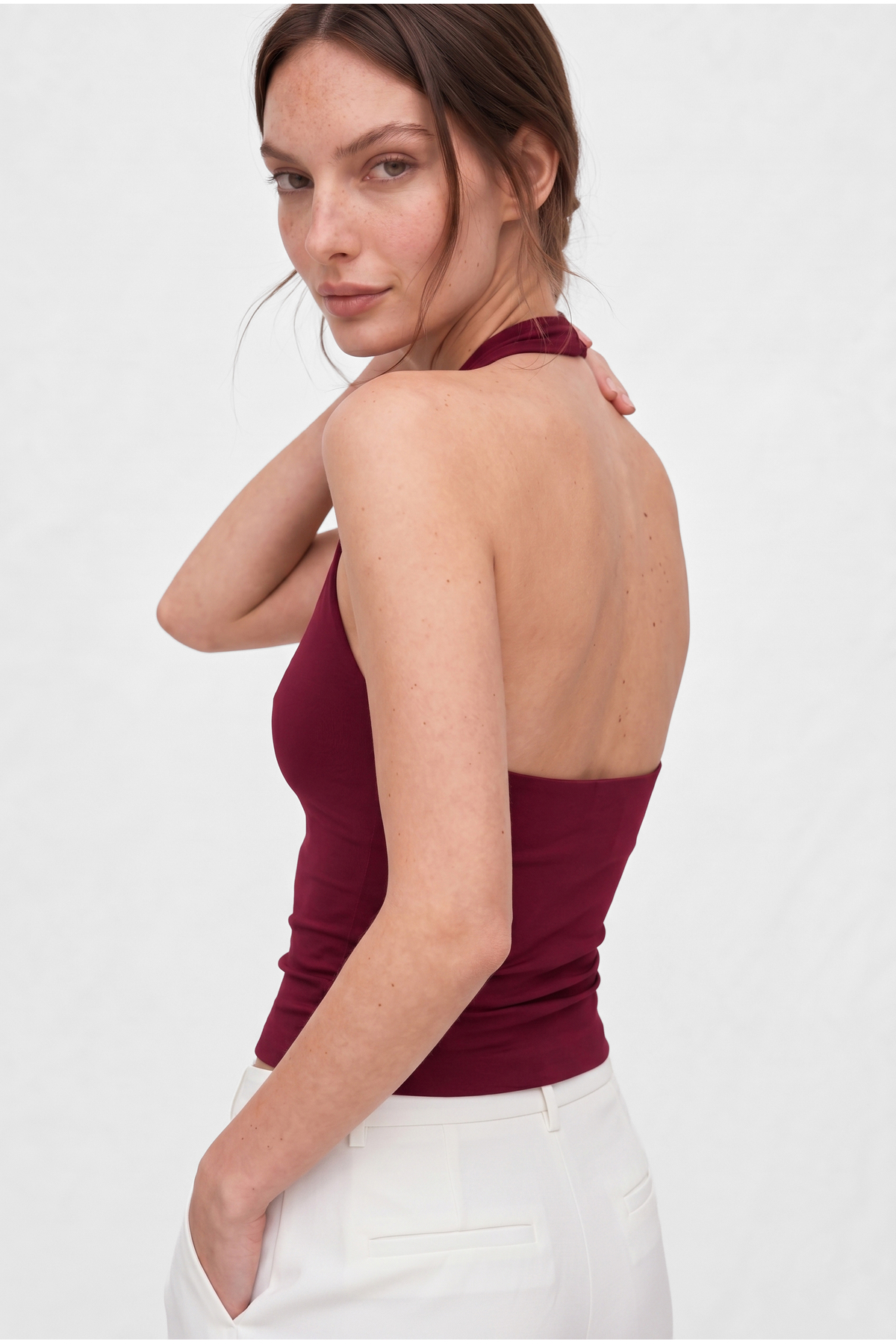 OLYNN  Bordo Ultra Premium Soft Halter Yaka Çift Kat Top Body - Görsel 3