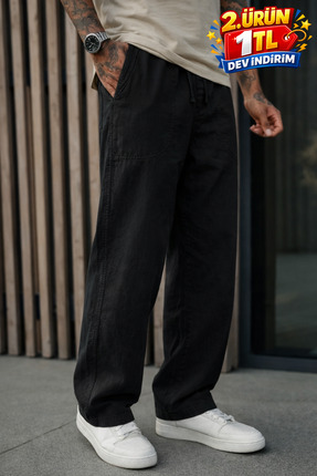 DAMGA JEANS Erkek Premium Jogger Relax Fit Siyah Keten Pantolon