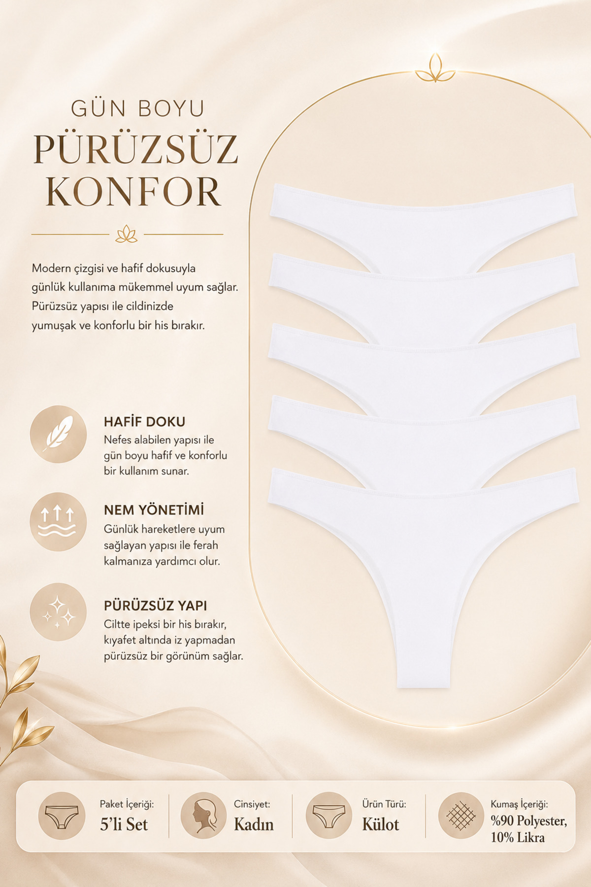 Nicoletta Kadın Külot Brazillian Tanga Lazer Kesim Esnek Iz Yapmayan 5 Li Paket Polyester Beyaz görsel 2