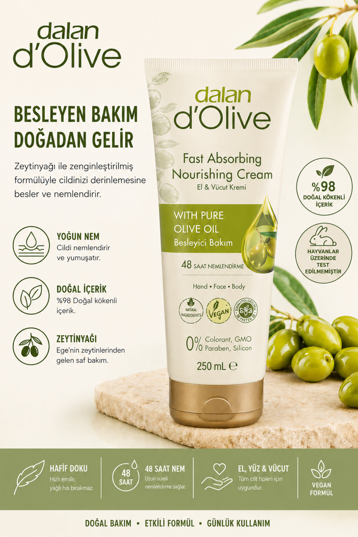 Dalan D'Olive Doğal Zeytin Yağlı Besleyici El Yüz Vücut kremi 250