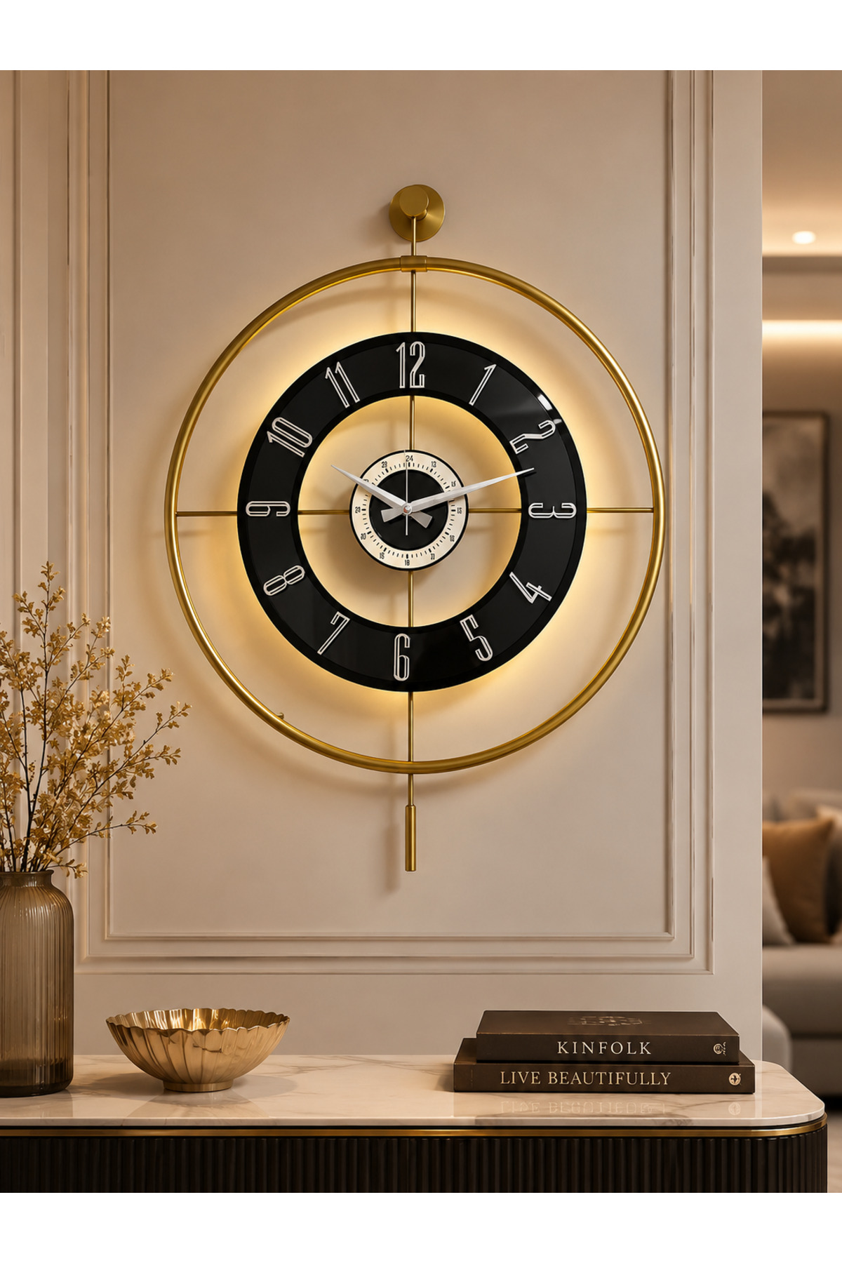 Wall Clock with Metal Glass (60X80 CM LARGE SIZE) Real Glass Gold with Light -transparent-black-silver
