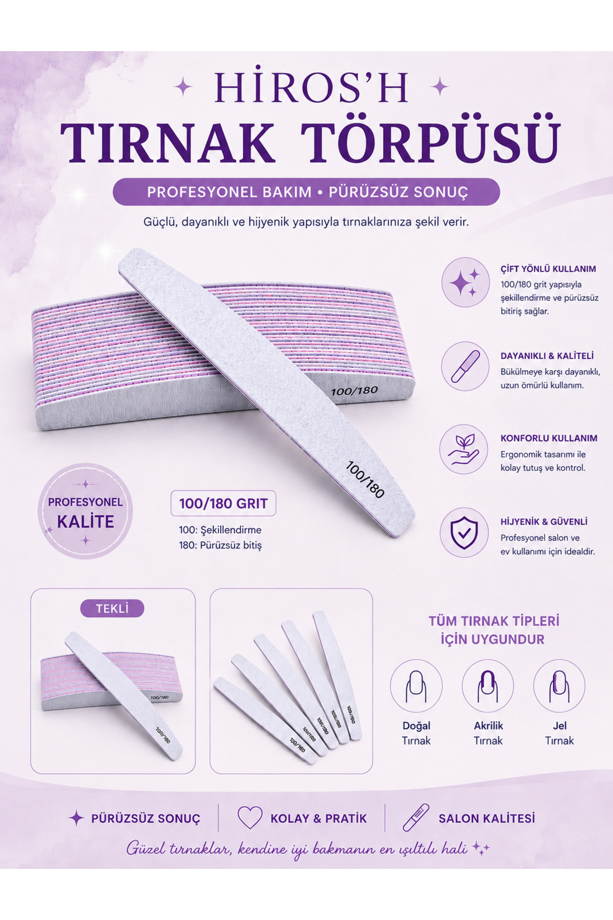 HİROS'H Profesyonel 100/180 Grit Çift Taraflı Kağıt Törpü Bumerang