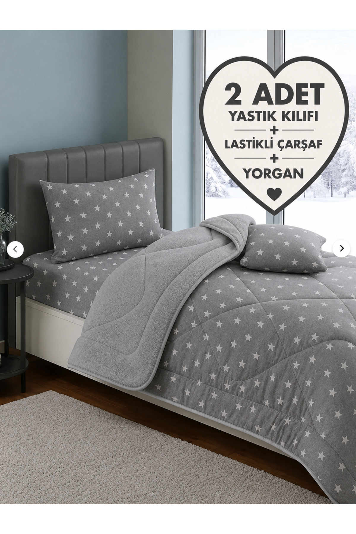 Welsoft Single Pufidic Sleeping Set (Fitted Bedsheet) Gray Large Star