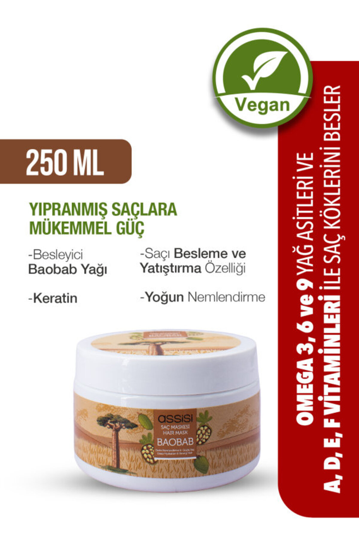 Assisi Baobab Yağlı Saç Maskesi, Yıpranmış Saçlar İçin Derin Nemlendirme ve Güçlendirme, 250ml, Vegan — 162