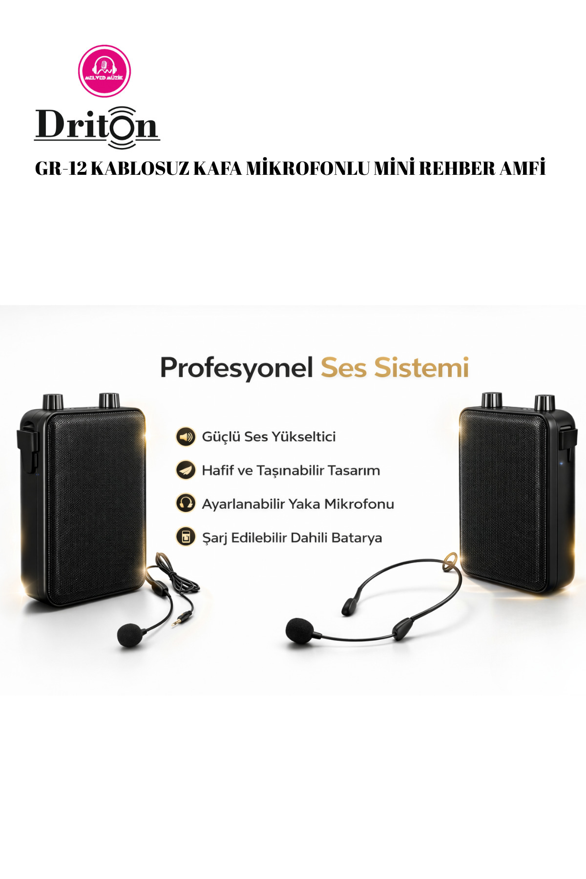 DRİTON GR-22 KABLOSUZ KAFA MİKROFONLU MİNİ REHBER AMFİ VE