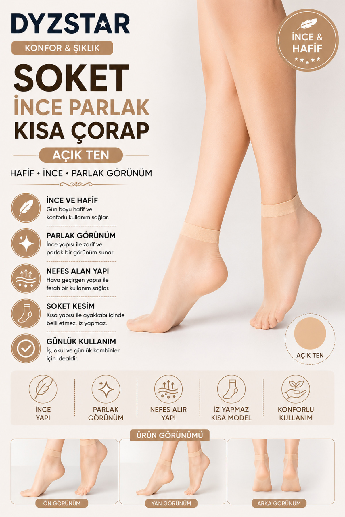 DYZSTAR Socket Thin Shiny Short Socks Light Skin Color Women's Daily Use Transparent Socket Socks