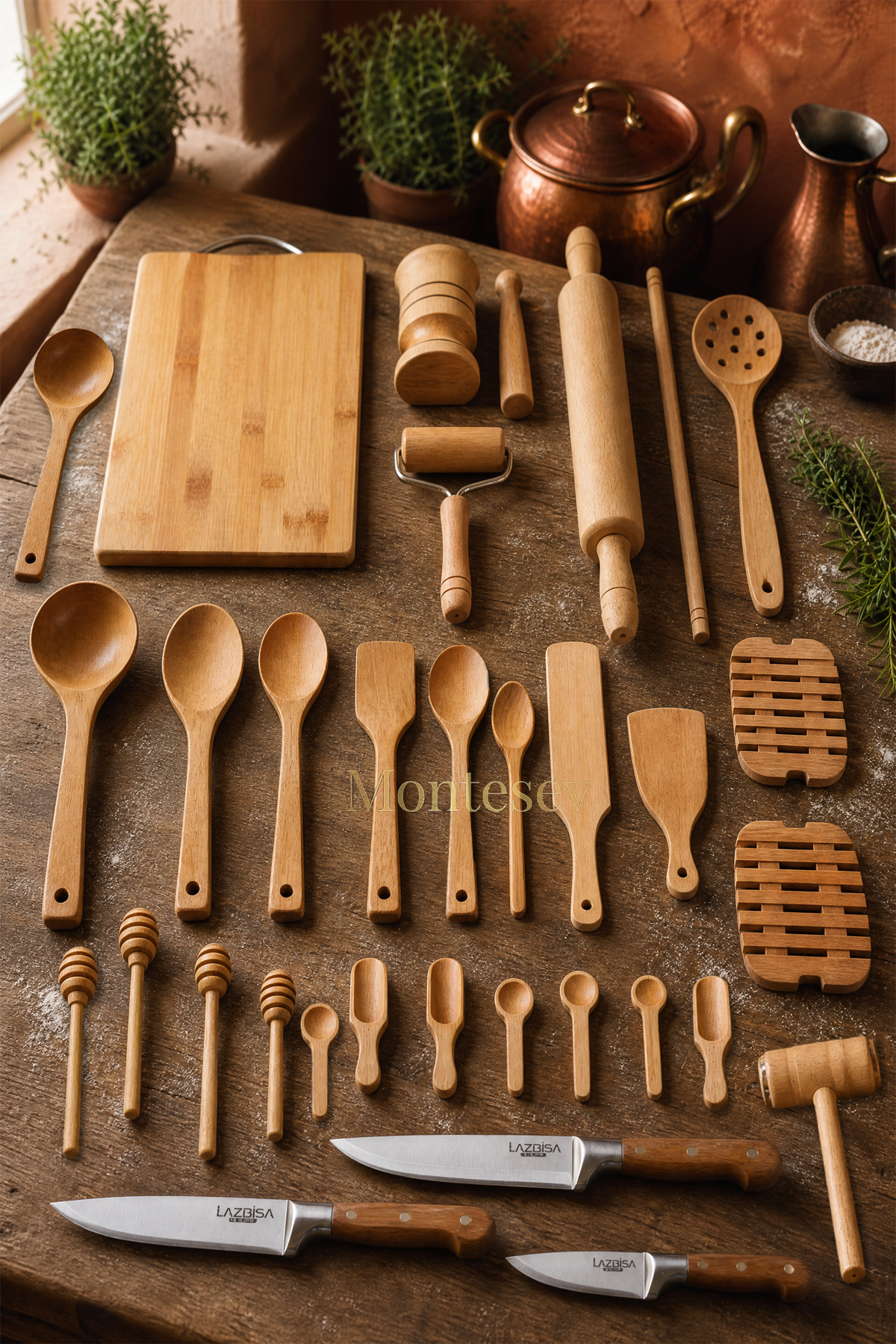 Lily 32 Pieces Wooden Wood Board Spoon Rolling Pin Roller Mortar Cutting Board Dowry Set Mnt-032