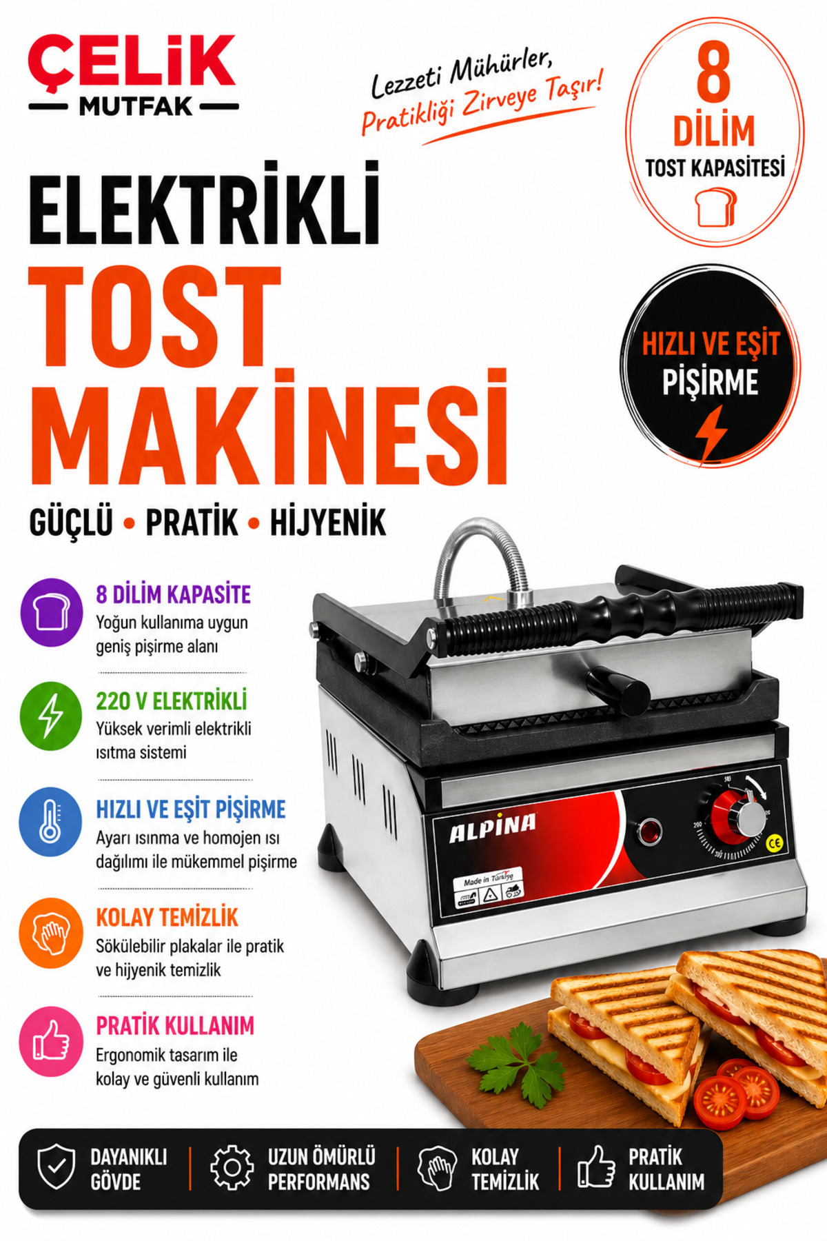 ALPİNA MUTFAK Alpina 8 Dilim Döküm Tost Makinesi Ev ve Büfe Tipi 220V - ÇELİK MUTFAK
