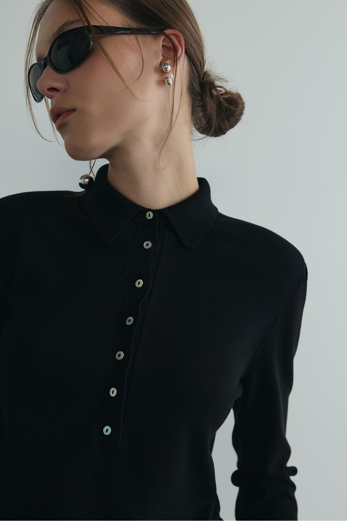 Suud Collection Siyah Carter Polo Yaka Triko Kazak görsel 3
