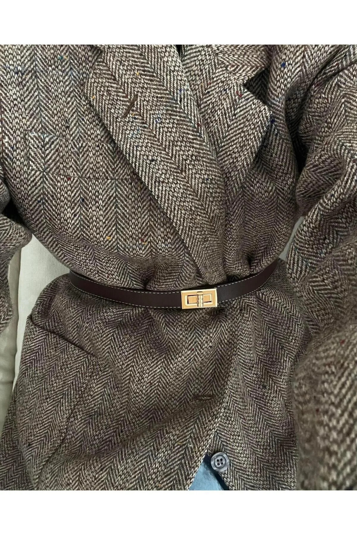 Stitched Gold Buckle Belt 2.5cm Bitter Coffee