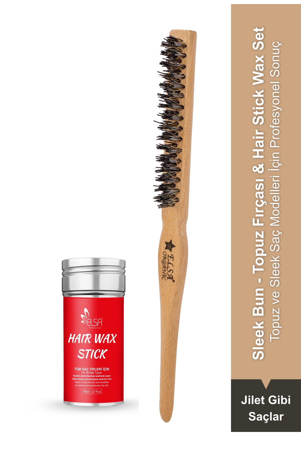 ELSA Professional Hair Wax Stick 75gr - Saç Sabitleyici ve Organik Topuz Fırçası Sleek Bun 2'li Set — 691-033