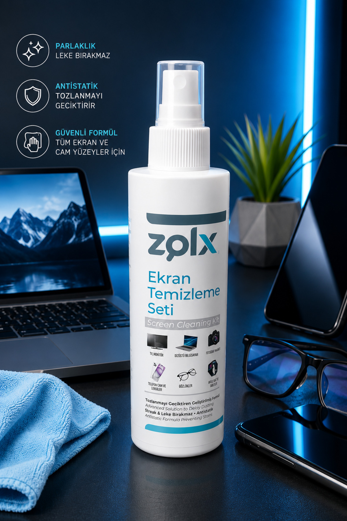 zolx Ekran Temizleme Seti 250ml (MİKROFİBER BEZ HEDİYE) Led Tv
