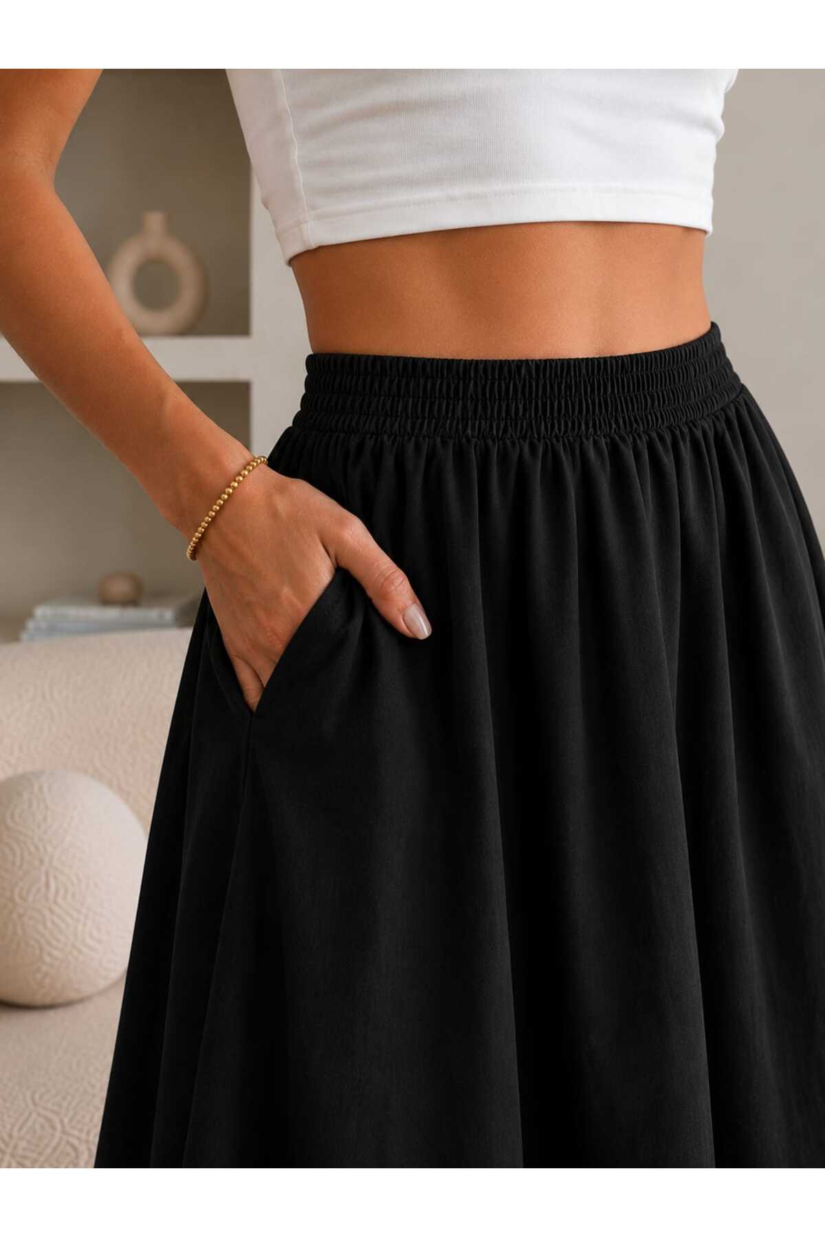 Gülmude  Çift Cepli Poplin Kumaş Beli Lastikli İç Göstermez Maxi Etek (90 CM) - Görsel 5