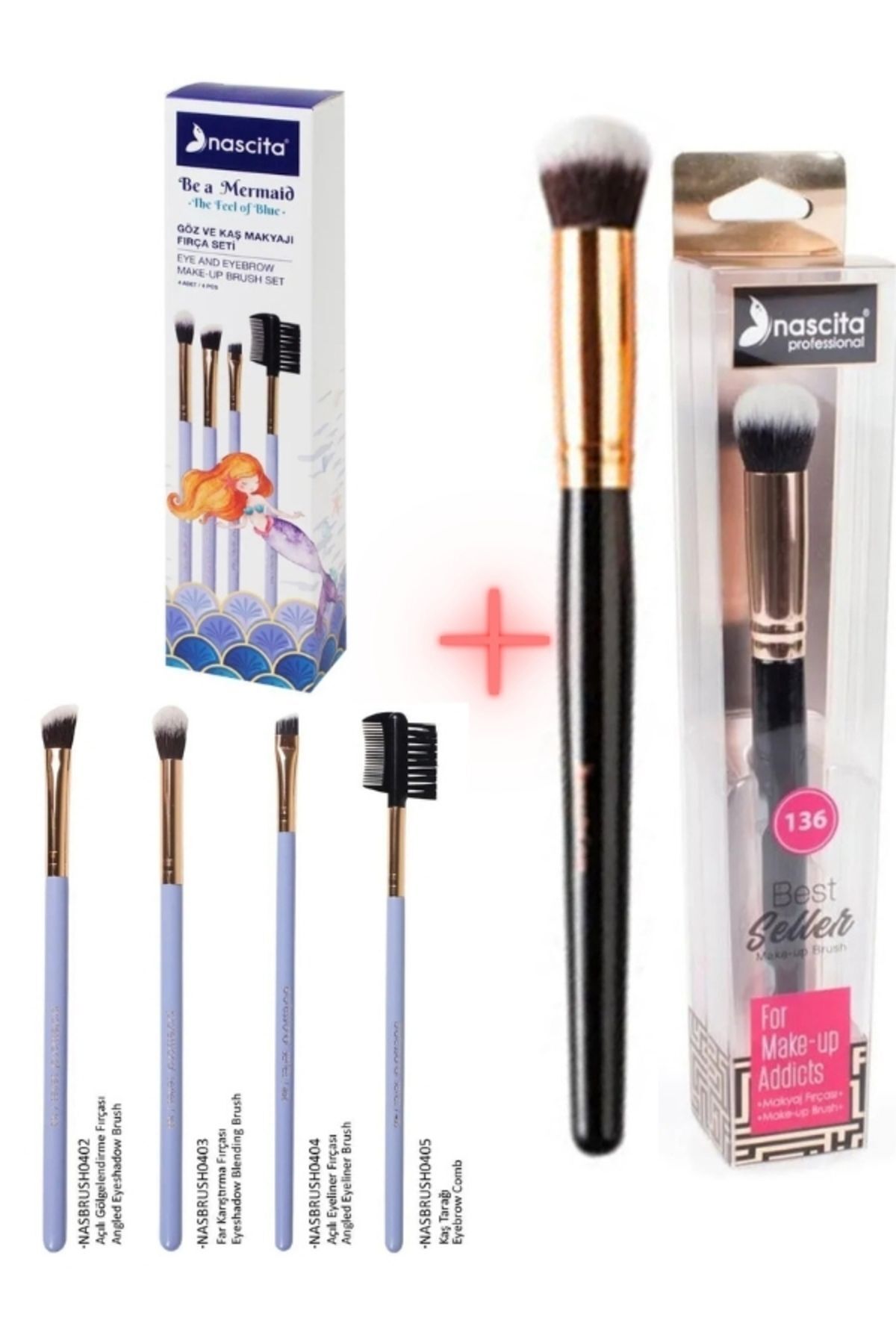 ست ۴ عددی براش آرایش چشم و ابرو NASBRUSHSET92R + براش کانسیلر گرد NASBRUSH 136