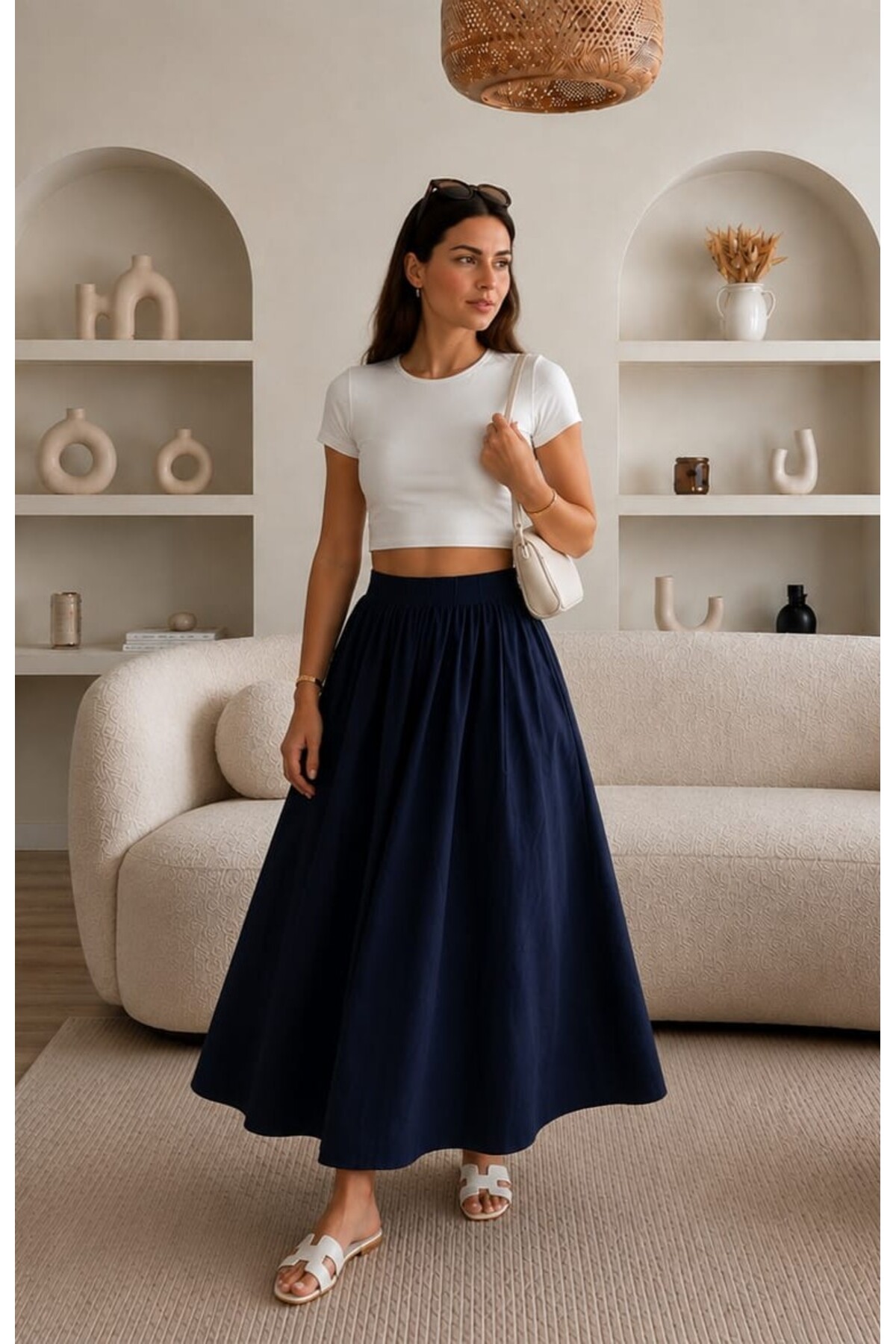 Gülmude  Çift Cepli Poplin Kumaş Beli Lastikli İç Göstermez Maxi Etek (90 CM) - Görsel 6