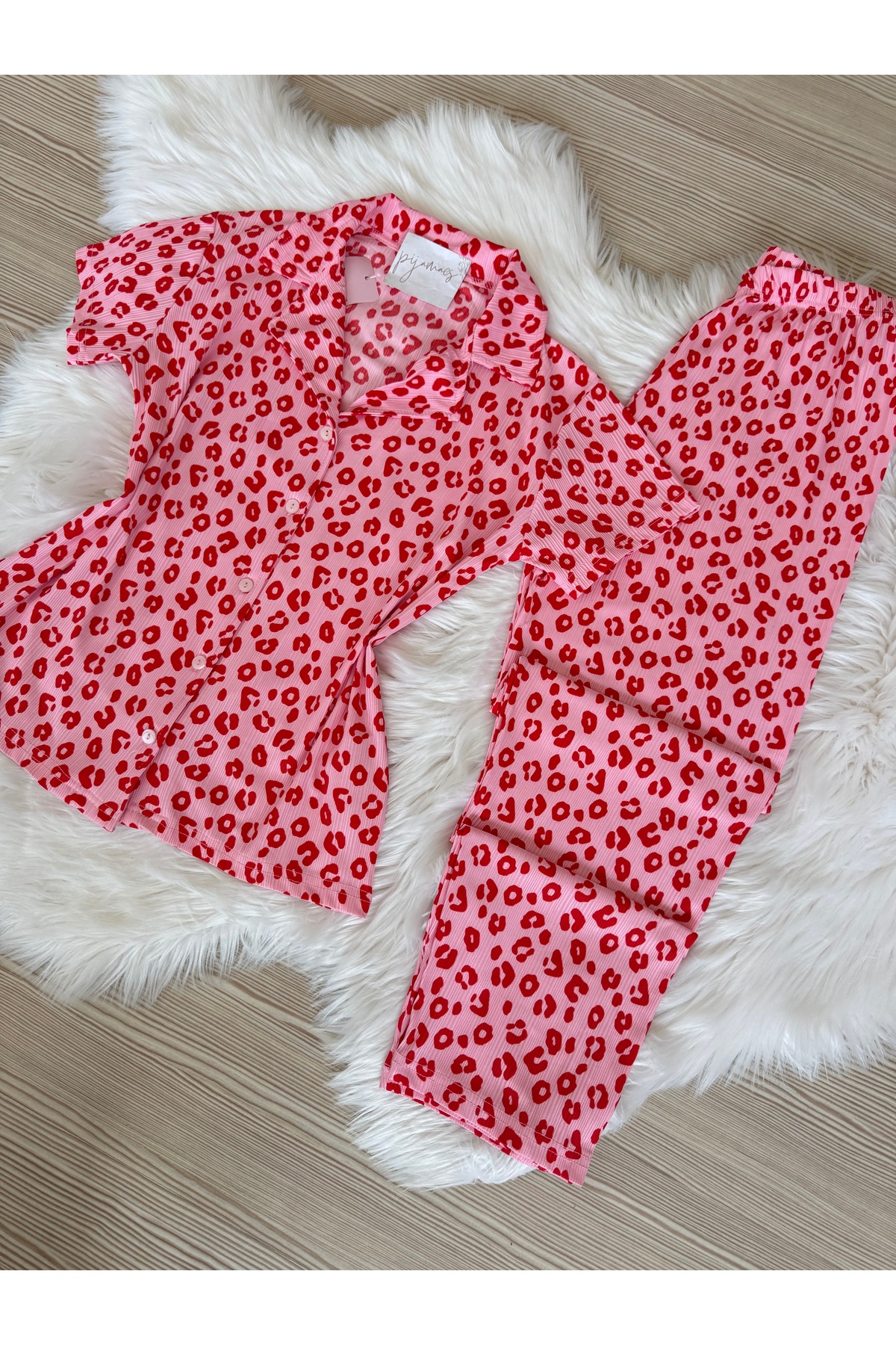 Pijamacs Kırmızı Leopar Desenli Kısa Kol Pegasus Pijama Takımı görsel 7
