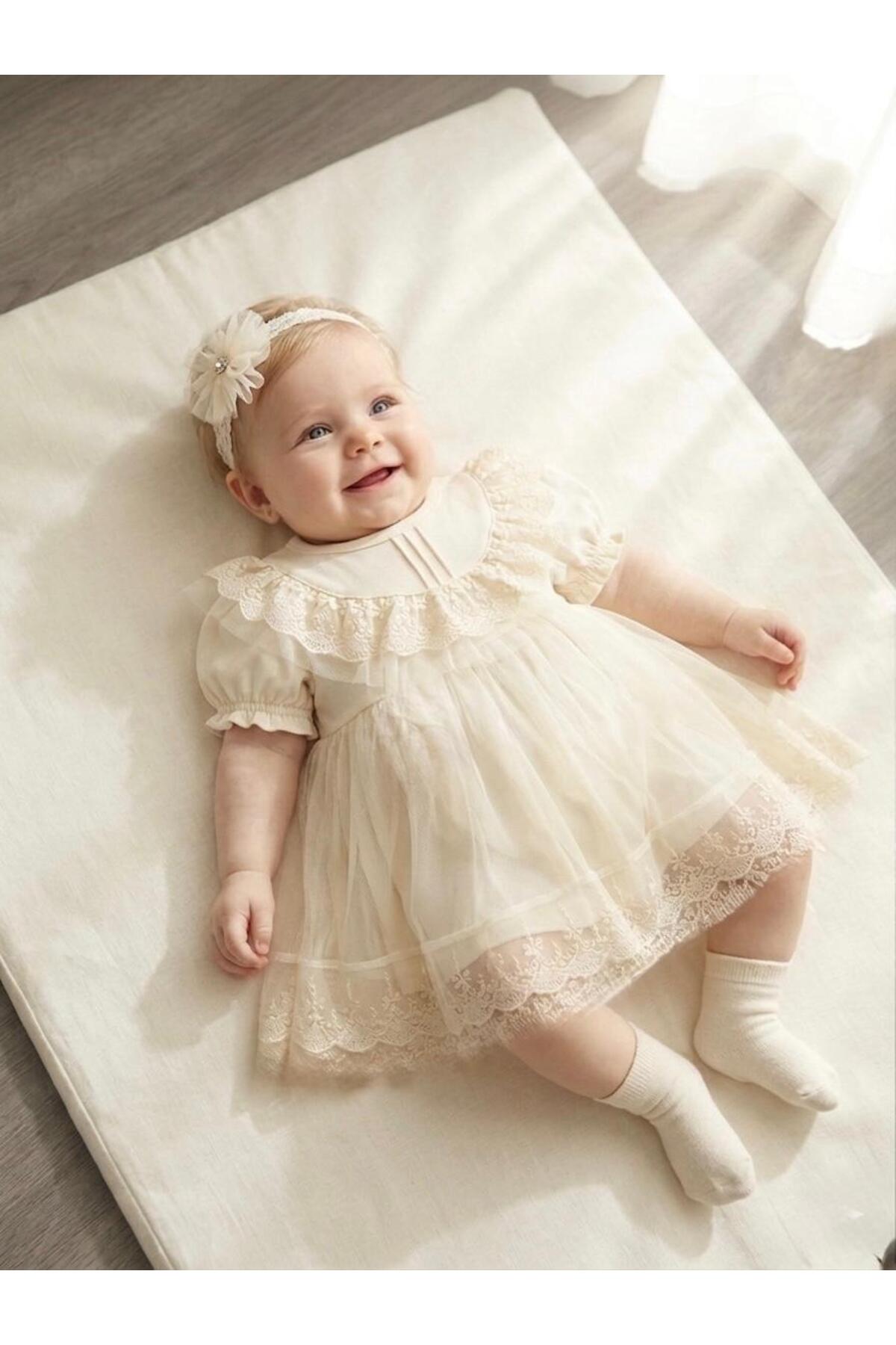 Miniday Baby Kız Bebek Mevlütlük Elbise Yazlık Bandanalı Dantelli Yeni Doğan Hastane Çıkışı Gelinlik Abiye 4010
