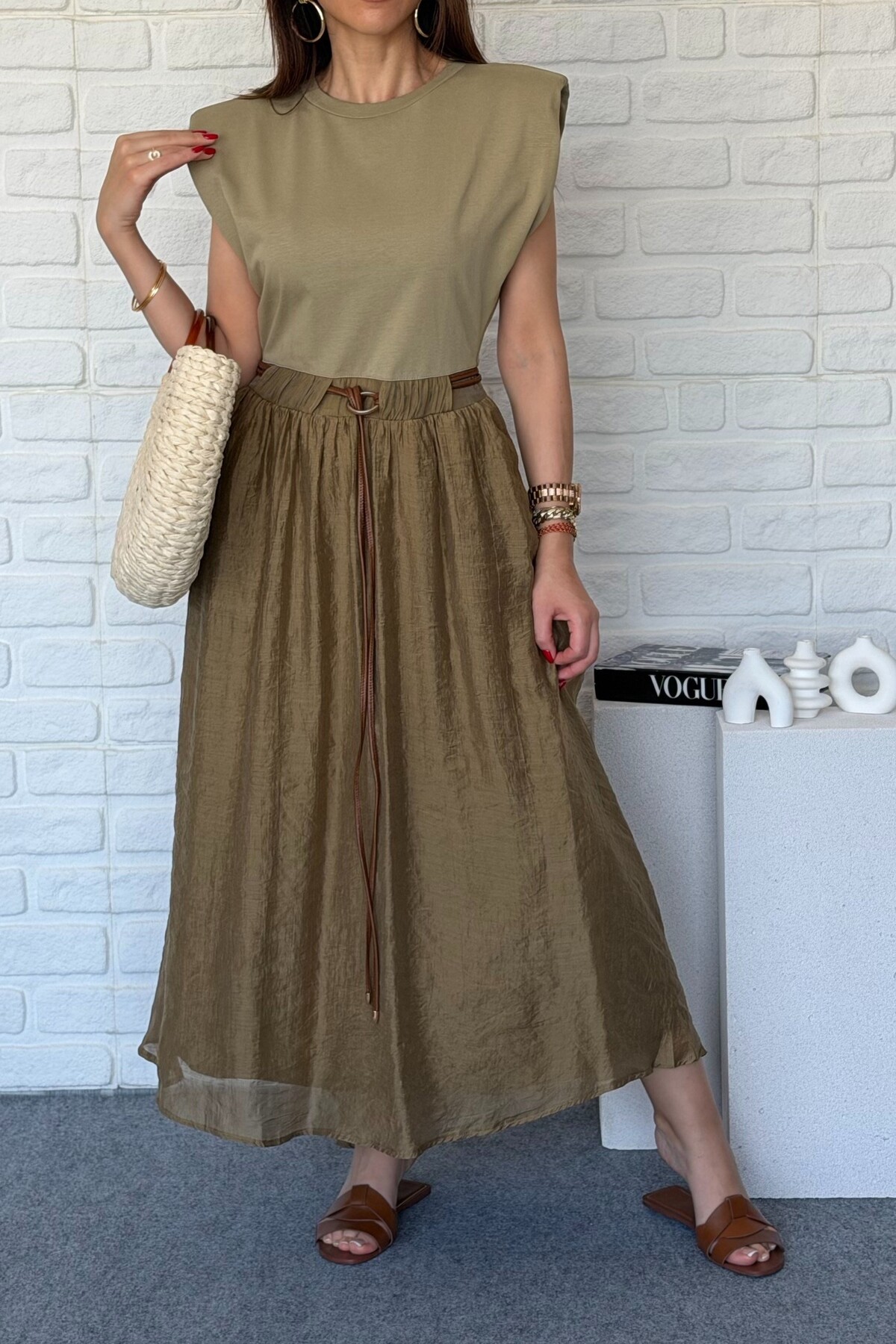 Suziş Olive Cloth Dress with Padded Cup, Garnishes, and Leather Belt 0103