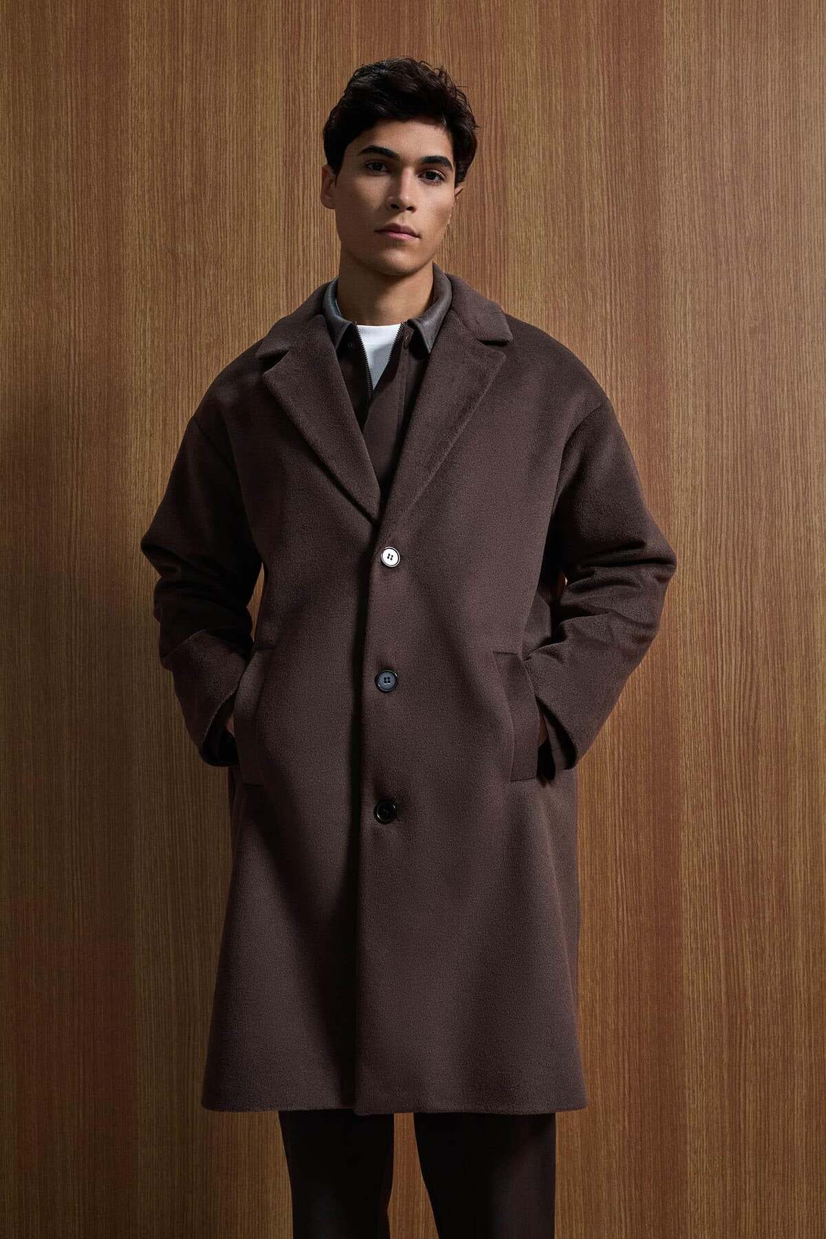 ablukaonline Erkek Oversize Düğmeli Kaşe Kaban Koyu Kahve görsel 3