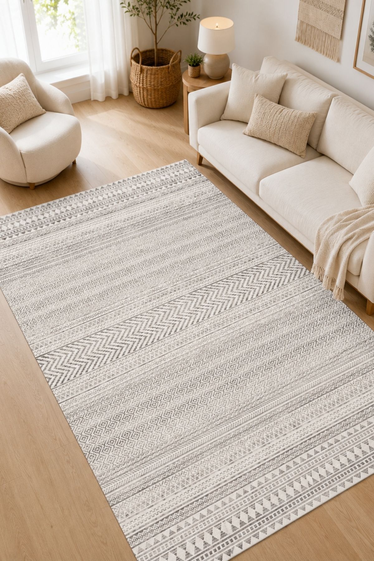 Scandinavian Patterned Washable Non-Slip Base Chenille Cream Kitchen Rug 4045