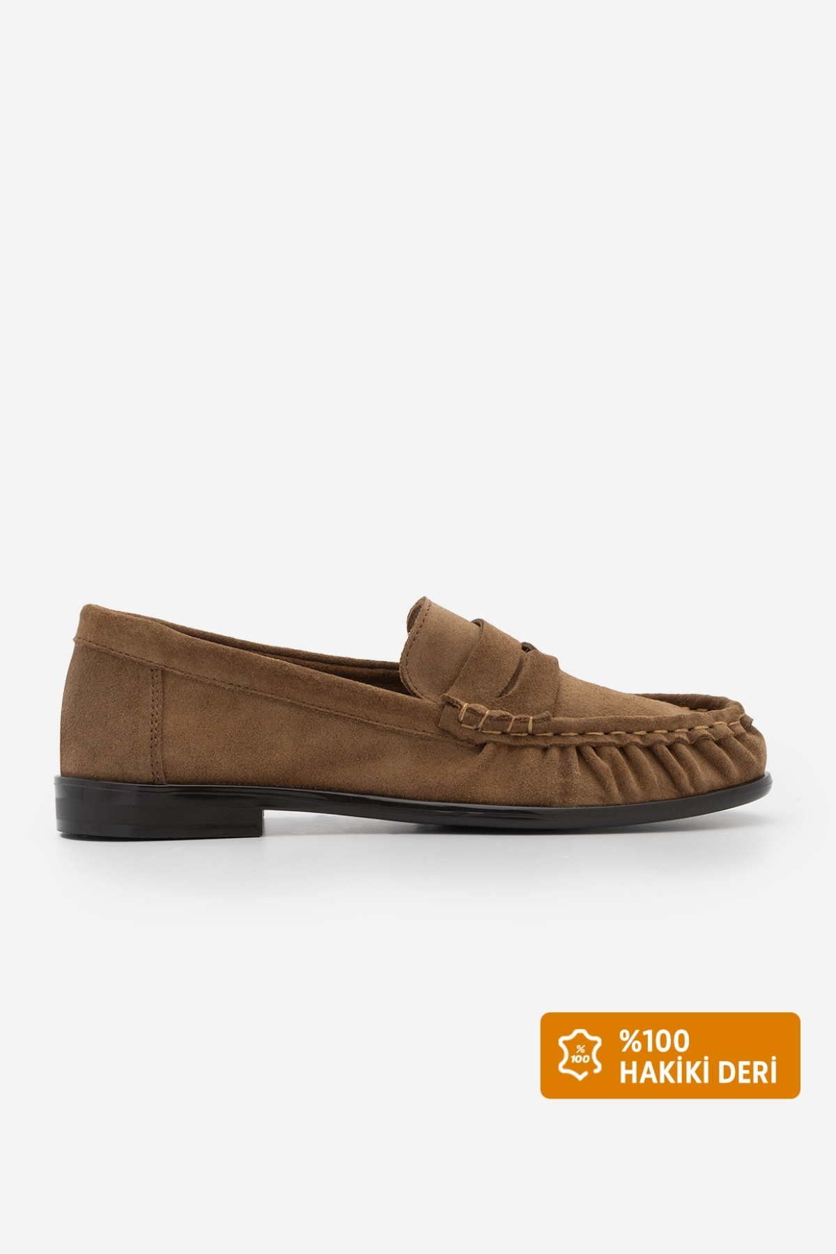 Marjin Kadın Hakiki Deri Oval Burun Makosen Dikişli Büzgülü Loafer Günlük Ayakkabı Lefora Camel Süet görsel 3