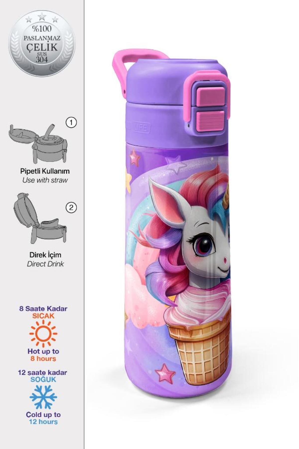 Kids Mor Pembe Unicorn Dondurma Desenli Pipetli ve Direkt İçim Çelik Termos 500 ml 31859