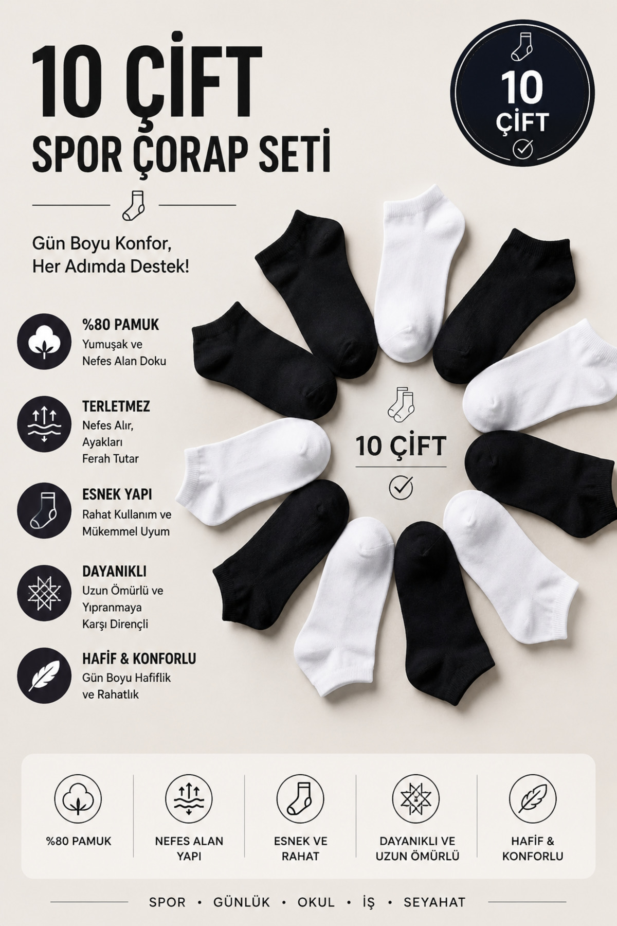 Esinti 10 pari muških i ženskih pamučnih kratkih čarapa – set crnih i belih č...