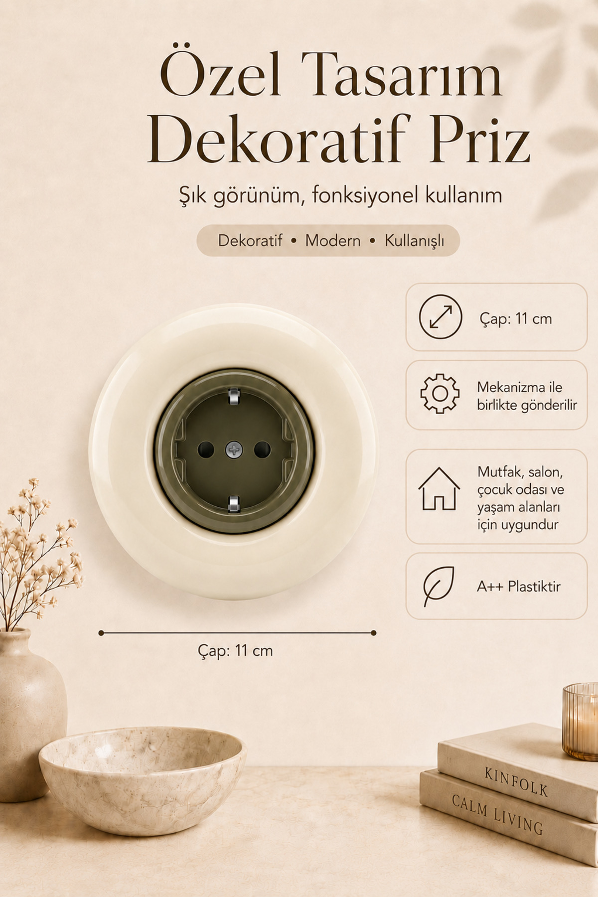 Özel Tasarım Bubble Serisi Dış Krem İç Haki Dekoratif Priz A Kalite Plastik (Mekanizma Dahildir)