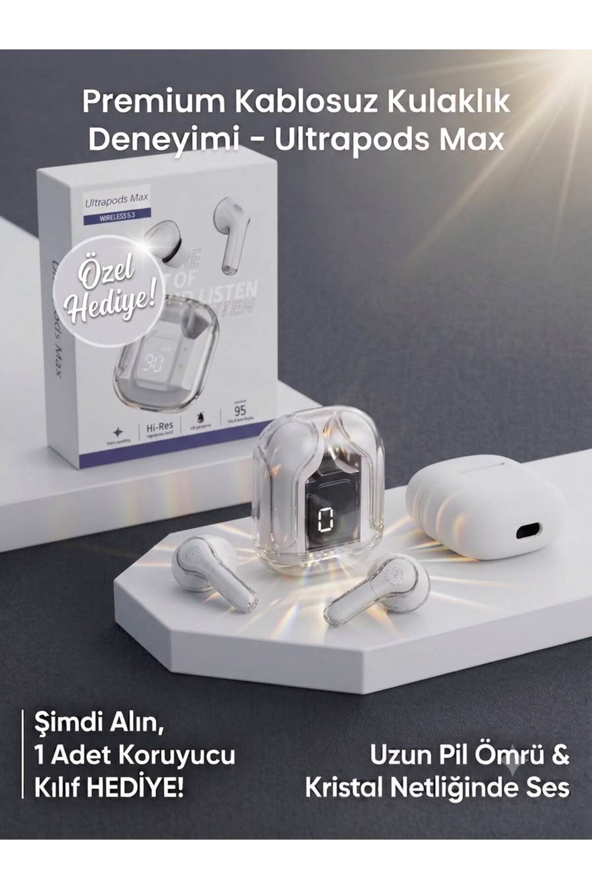 Mmctech Bluetooth Kulaklık Kadın Erkek ios Android Uyumlu Dokunmatik Stereo Şeffaf LED Ekran Extra Bass TWS