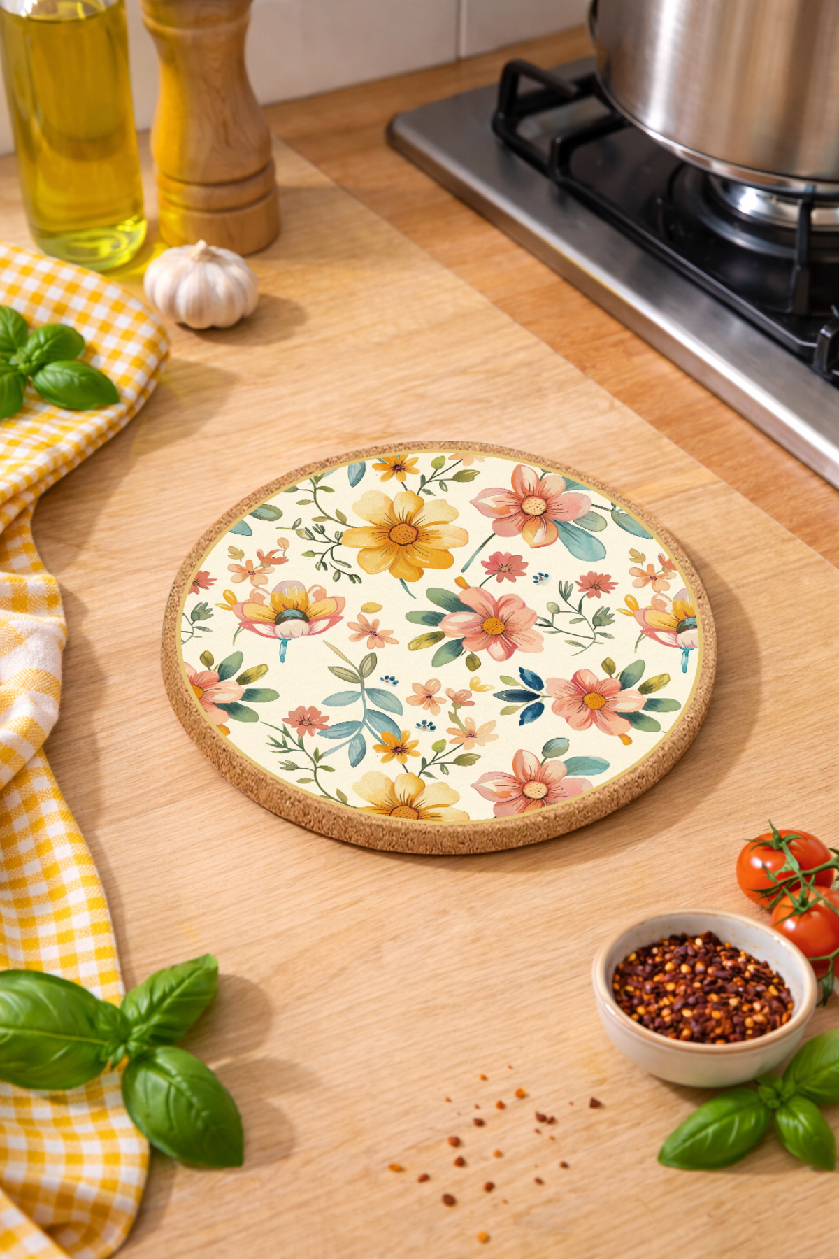 Flower Patterned Mushroom Final Pot Pan Coaster 19cm Diameter 1cm Thickness