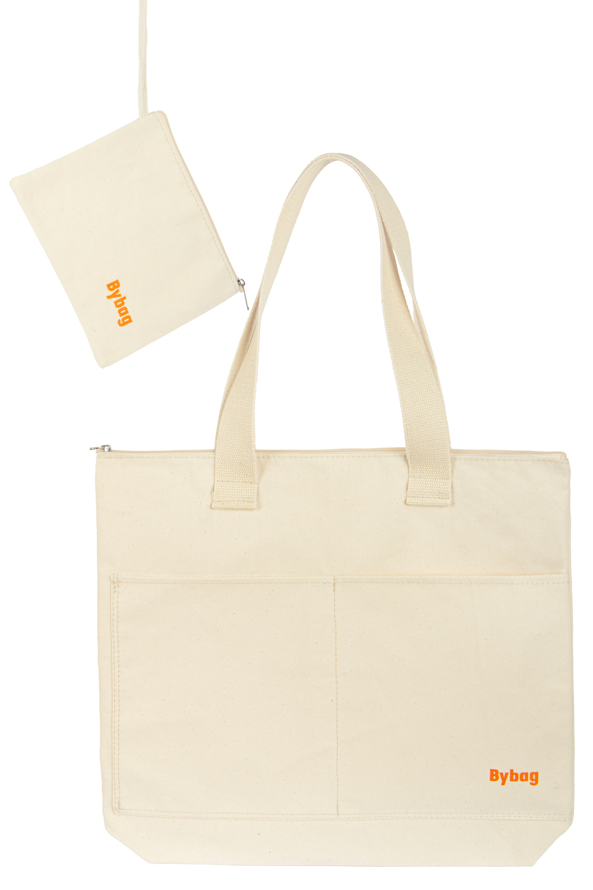 BYBAG Premium Kalın Hambez Tote Bag | Önü 2 Büyük Cepli, Özel Fermuarlı Günlük Plaj Bez Kol Çanta görsel 2