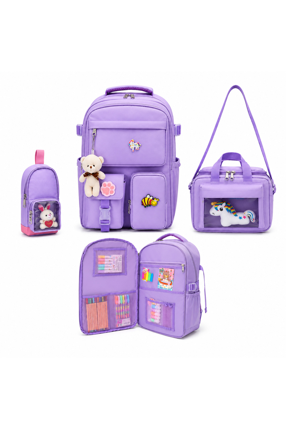 Korean Style Orthopedic Custom Design Waterproof Girls Boys School Bag Set Feeding Pen Holder Set LILAC
