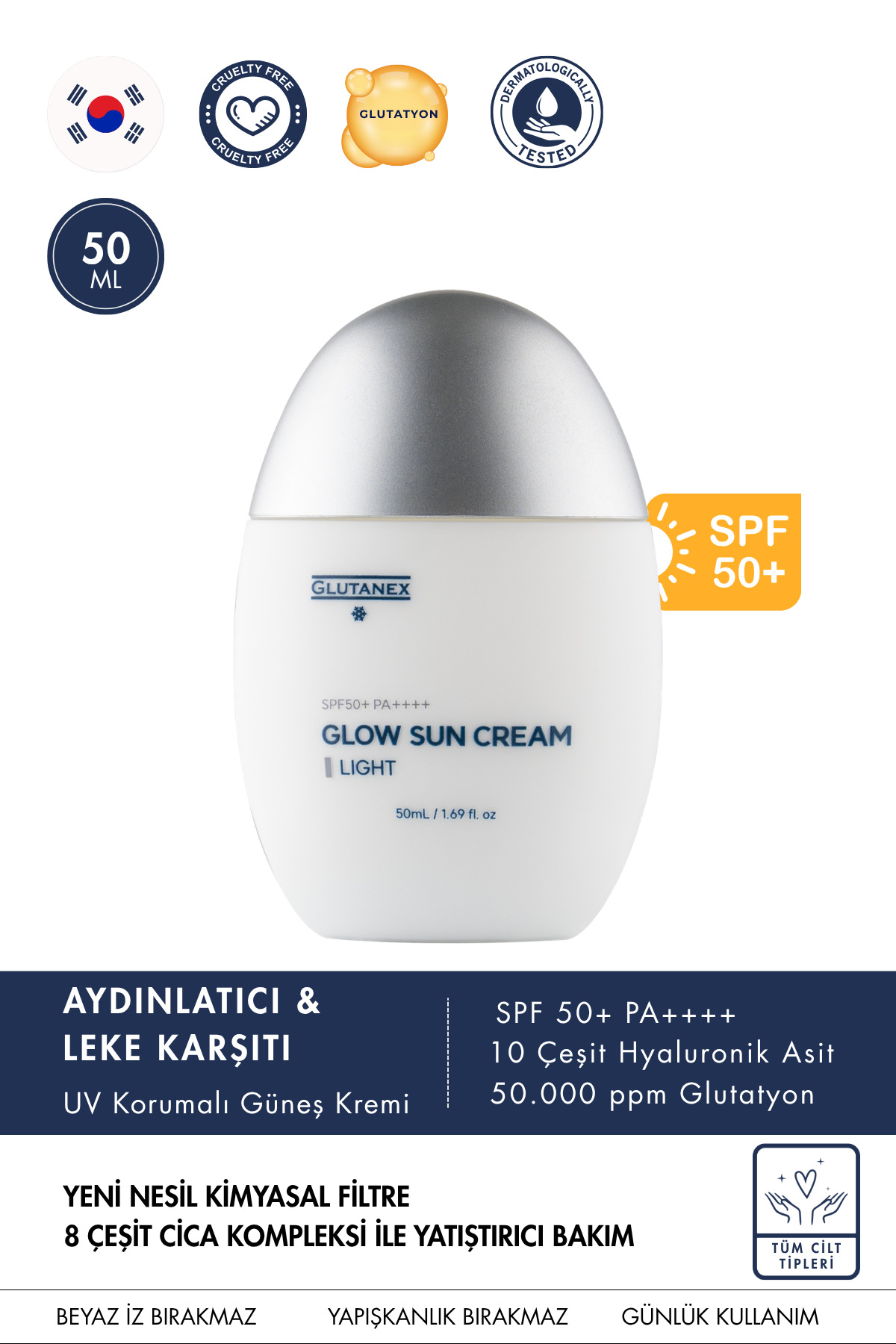 GLUTANEX Güneş Koruyucu Krem SPF50+ PA++++ 50000 ppm Lipozomal Glutatyon Leke Karşıtı Aydınlatıcı Bakım 50 ml