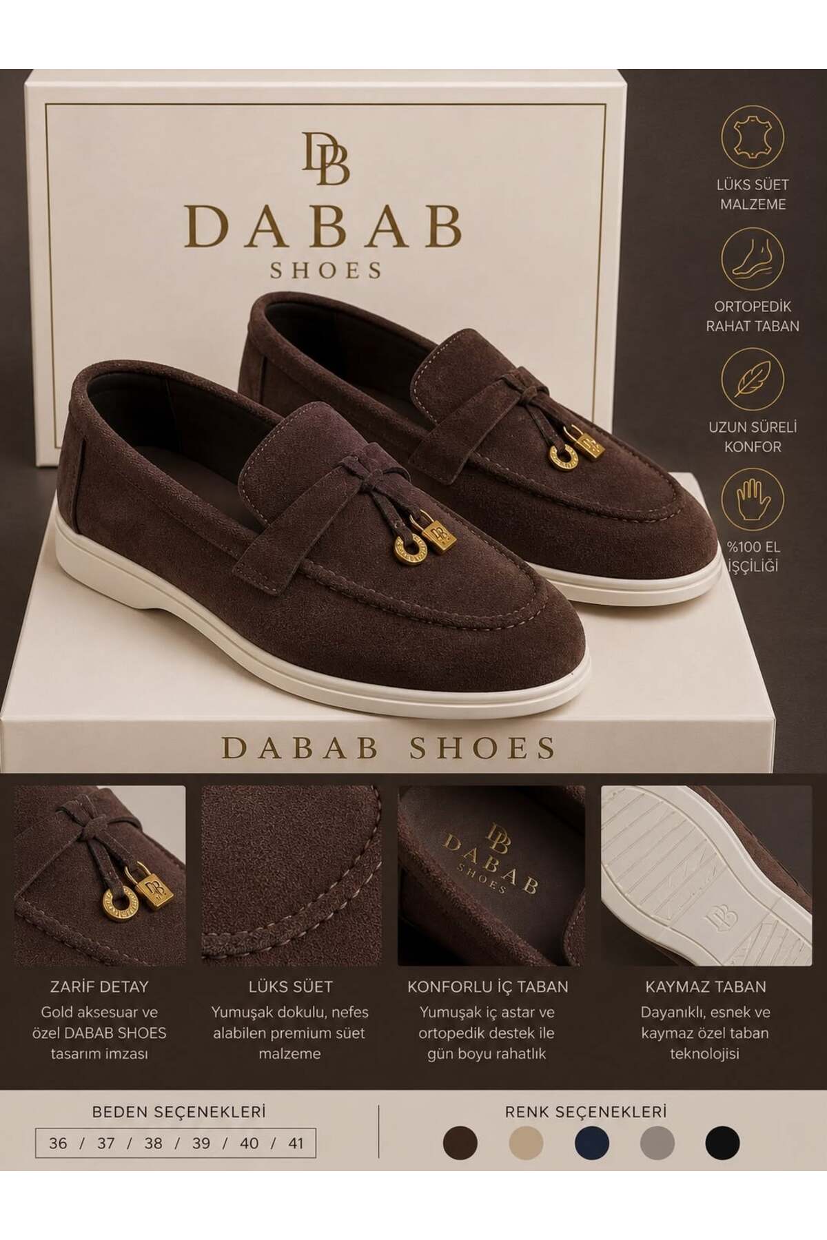 dabab shoes LUPY Kadın Acı Kahve Süet Loafer Ayakkabı Gold Aksesuarlı Ortopedik Rahat Taban Casual Babet görsel 6