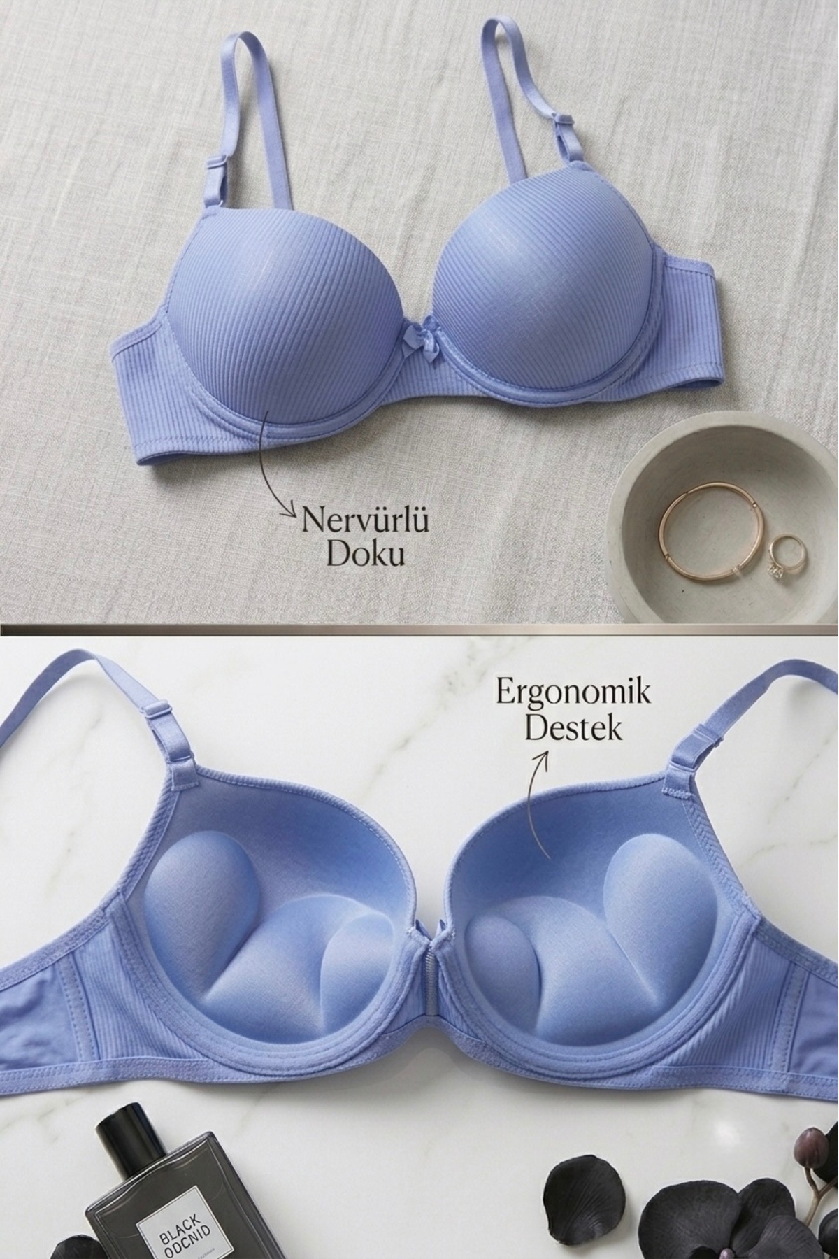 Lavint Homewear Mavi Ultra Push-Up Çizgili Destekli Balenli Slikonlu Sütyen