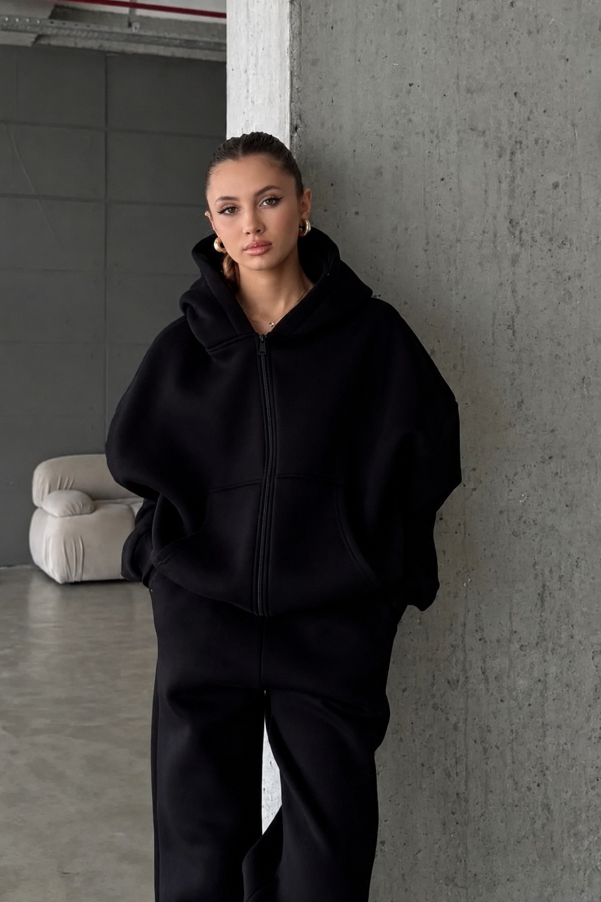 YAKAMEL KADIN 3 İPLİK OVERSİZE FERMUARLI SWEATSHİRT HIRKA