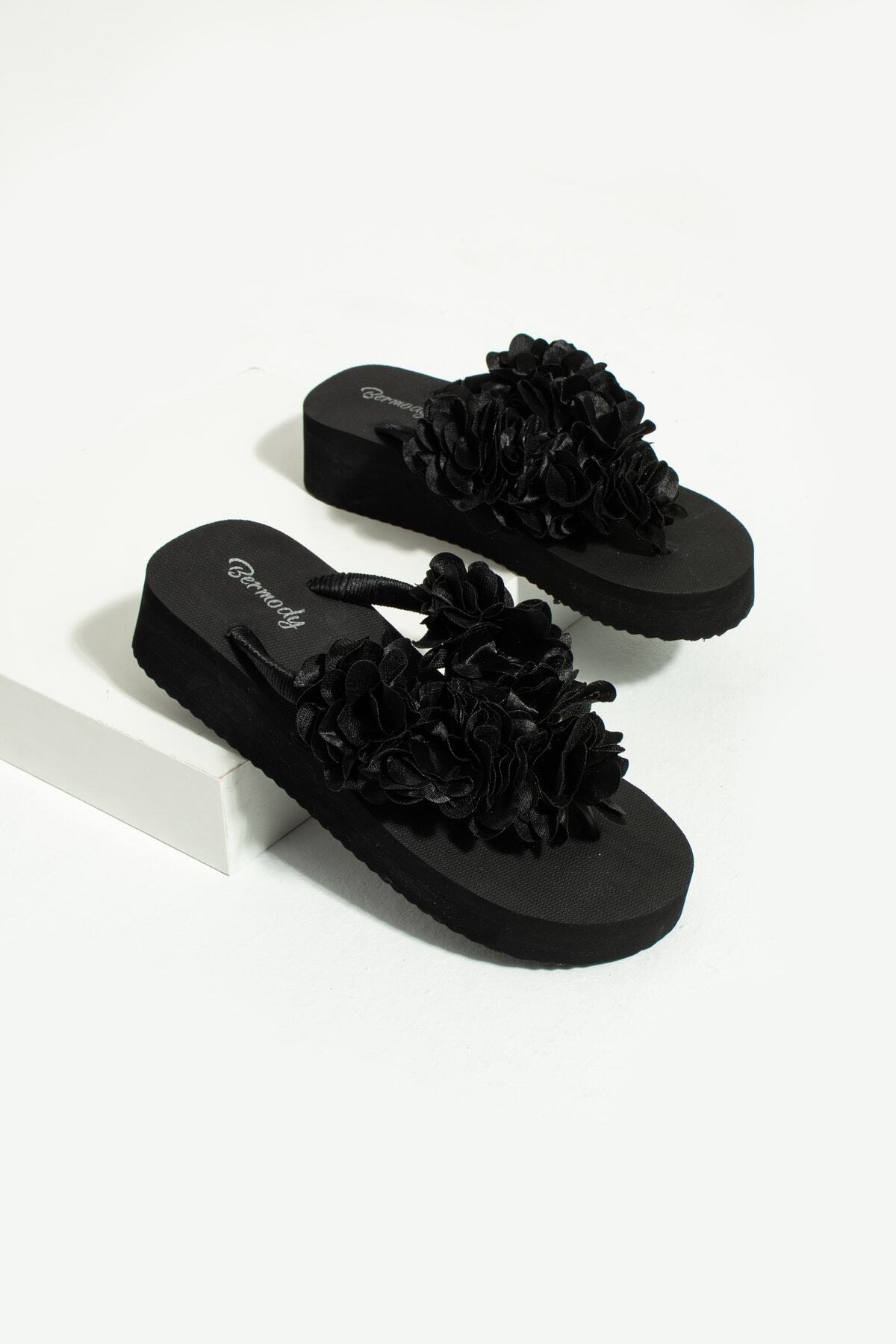 Bermody Luma Platform Siyah Çiçekli Parmak Arası Acıtmaz Plaj Terliği Flip Flops görsel 2